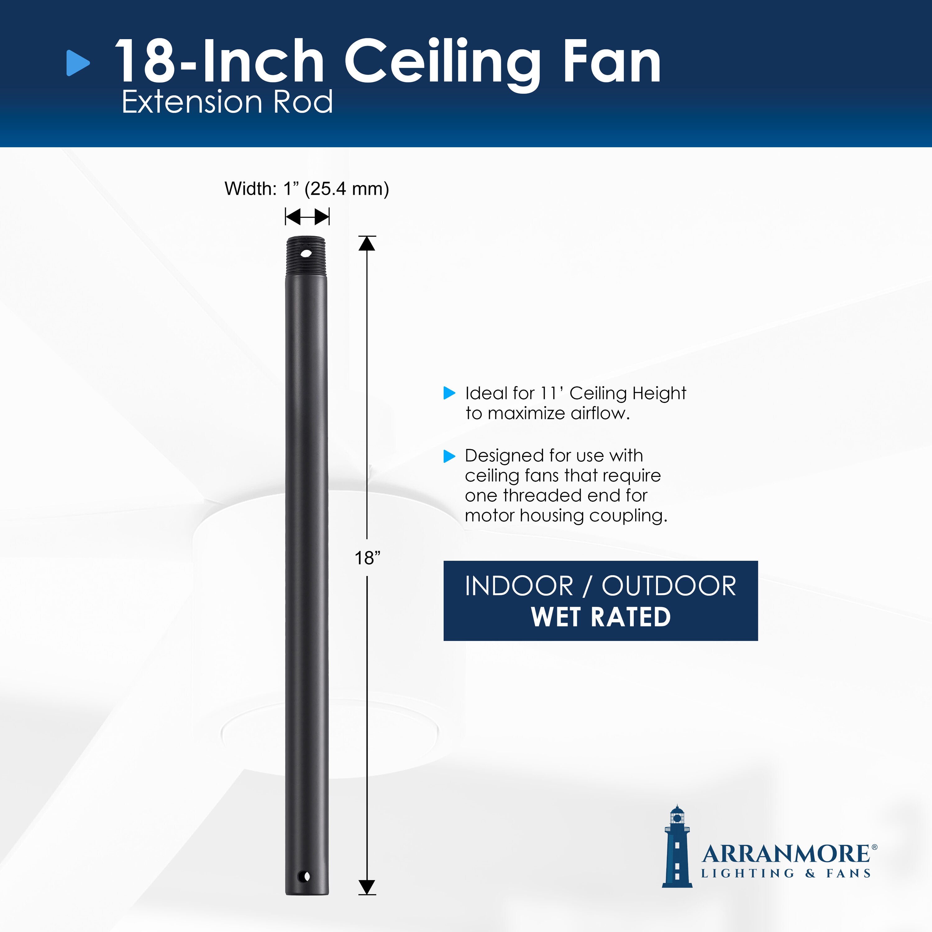 Arranmore Lighting & Fans AR-T18MB 18-in Matte Black Steel Indoor/Outdoor Angle Mount Capable Ceiling Fan Downrod adapter Downrod