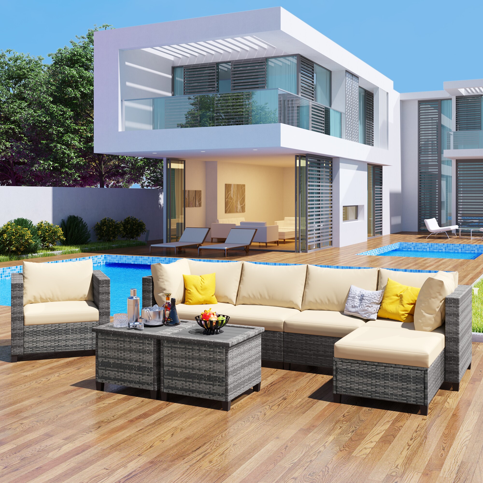 Nestfair FSP001B 8 -Piece Wicker 2 Patio Sofa Conversation Set with Off-white Cushions