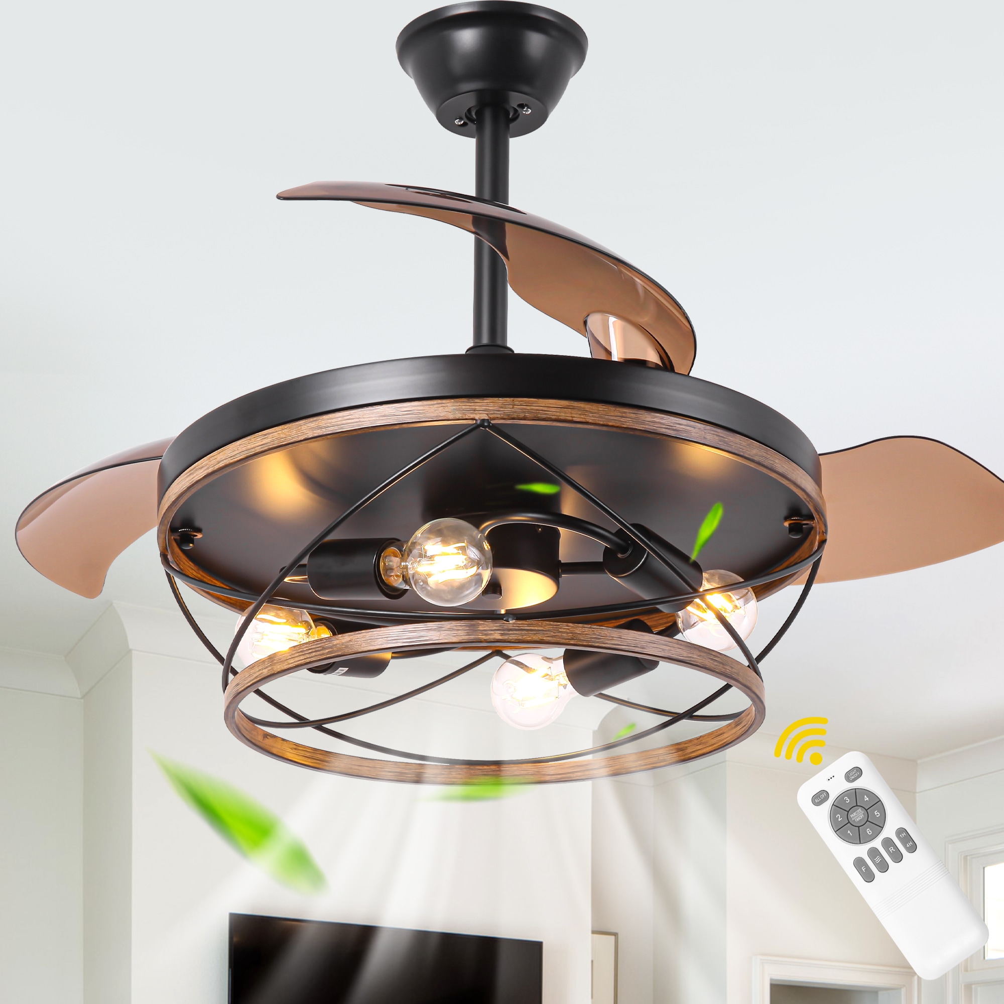 Oaks Decor DC4267OKEL Valencia 42-in Color-Changing Black with Farmhouse Blades Chandelier Ceiling Fan With Light - Remote Included ( 3 -Blade )