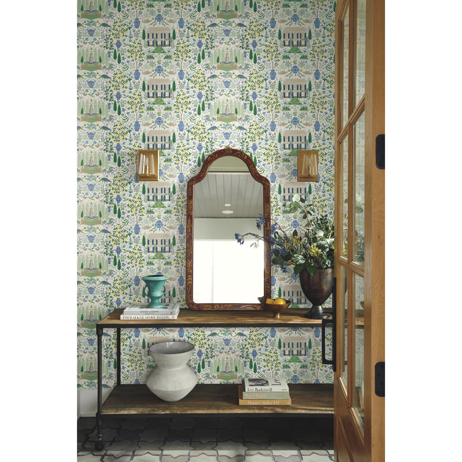 Blue and Green French Farmhouse Pattern Wallpaper Roll