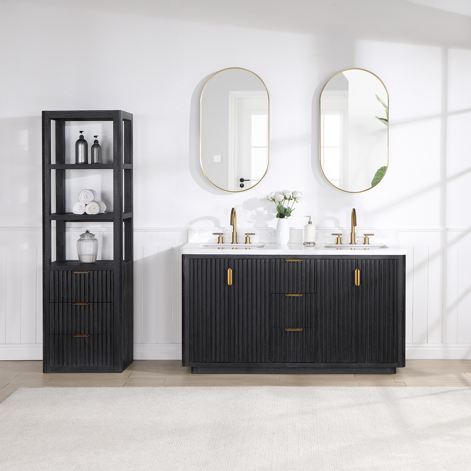 Vinnova Cádiz 60-in Fir Wood Black Finish Undermount Double Sink Bathroom Vanity with Lightning White Engineered Stone Top (Mirror Included) -  704160M-FB-LW