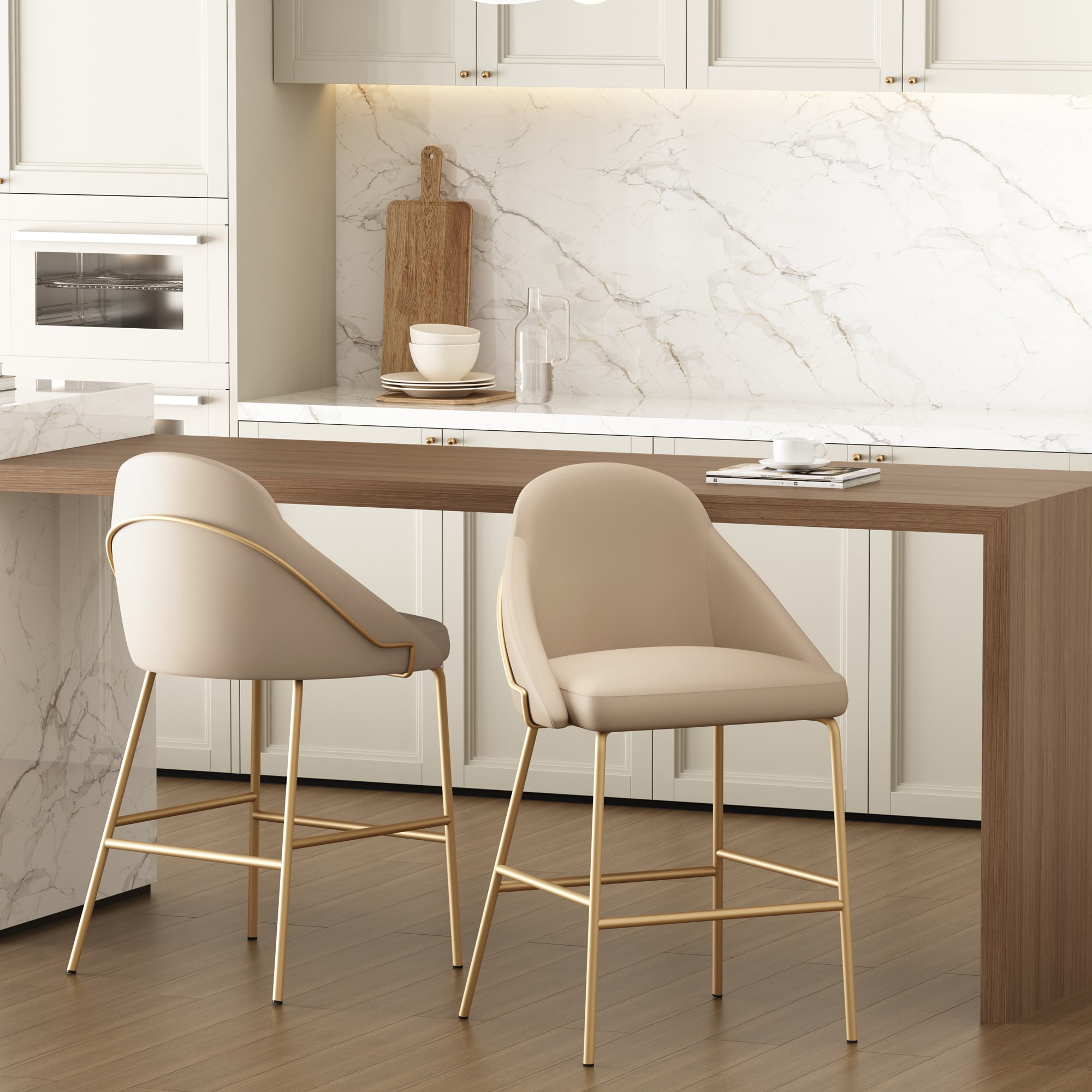 Manhattan Comfort 2-CS019-GTN Gracie 2 -Set Tan and Gold 26-in H Counter height Square seat Upholstered Metal Bar Stool and Back
