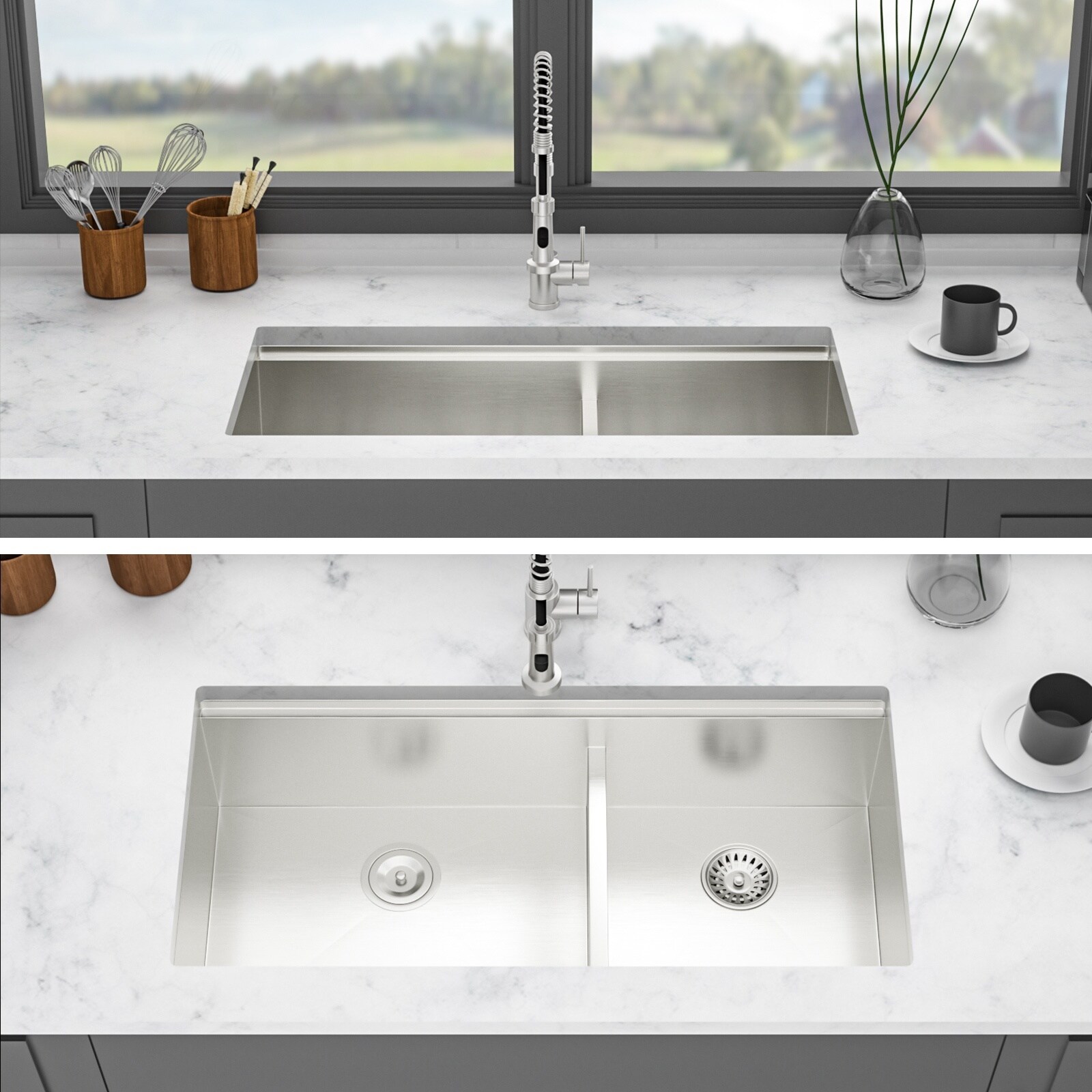 LIVACA 39 inch Brushed Nickel Stainless Steel Built-in Kitchen Sink with Mixing Bowl Worktop and Dual Basin