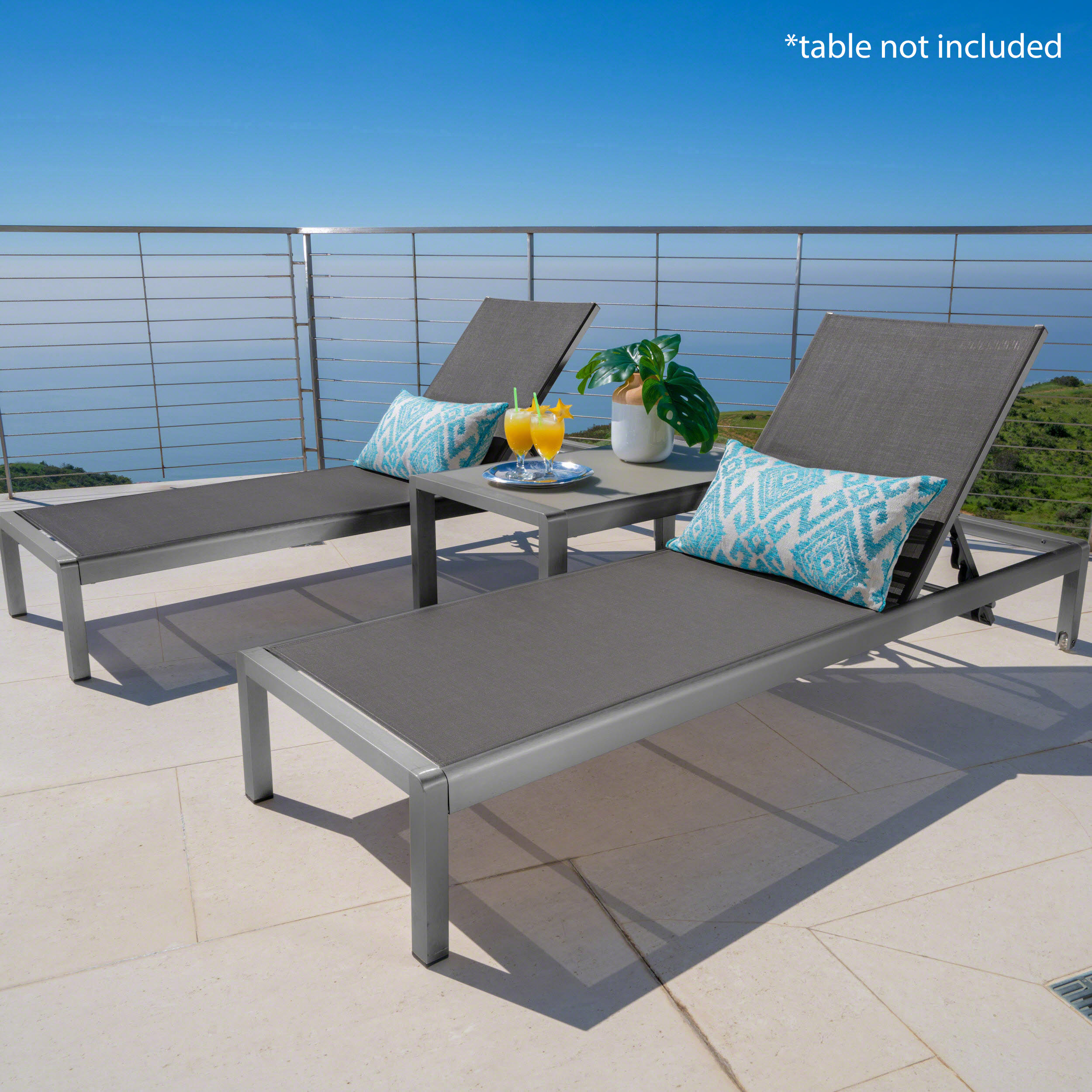 Gray Aluminum Outdoor Chaise Lounge with Dark Mesh Seat, Set of 2