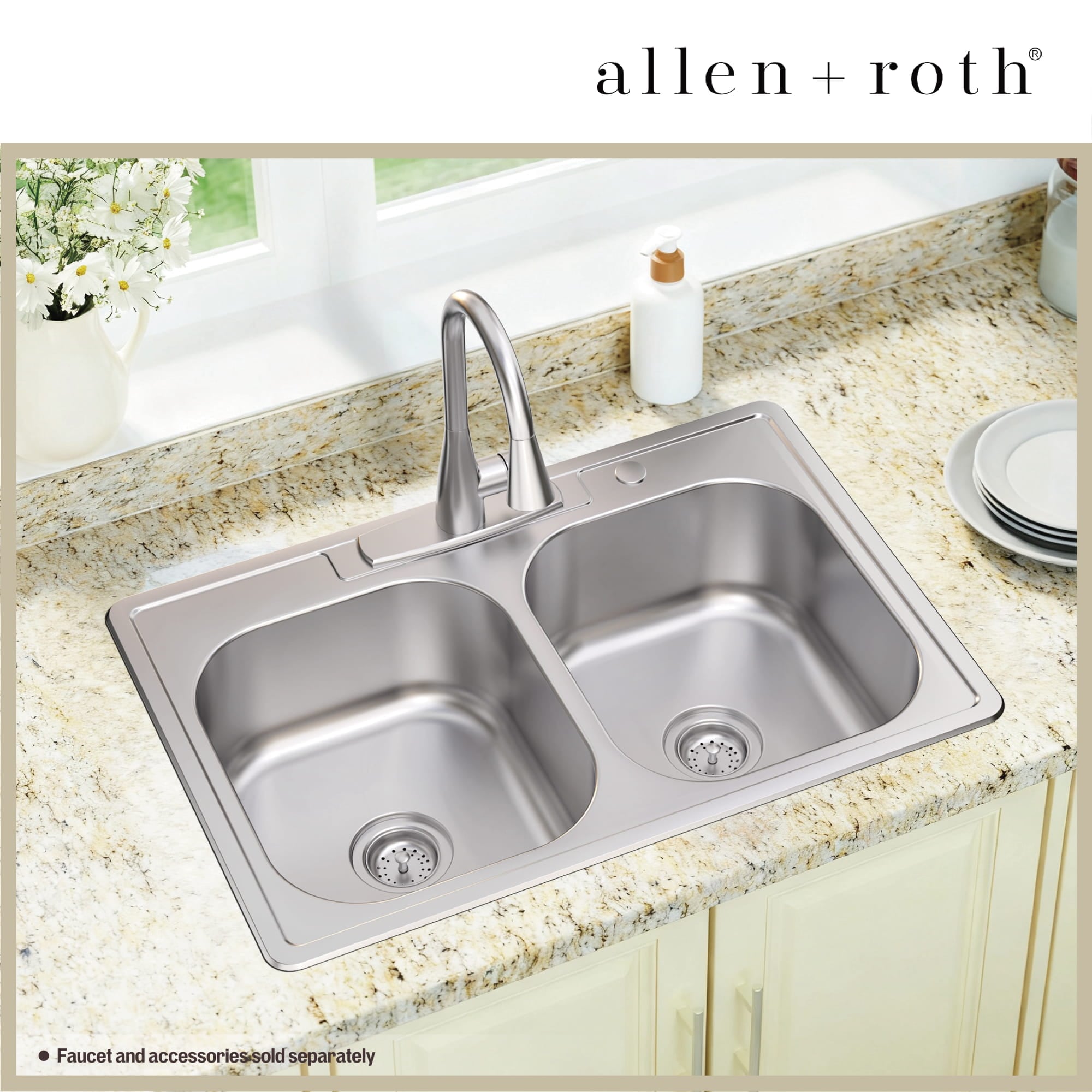 allen + roth Fenway Drop-in 33-in x 22-in Stainless steel Double equal bowl 20 -Gauge Kitchen Sink