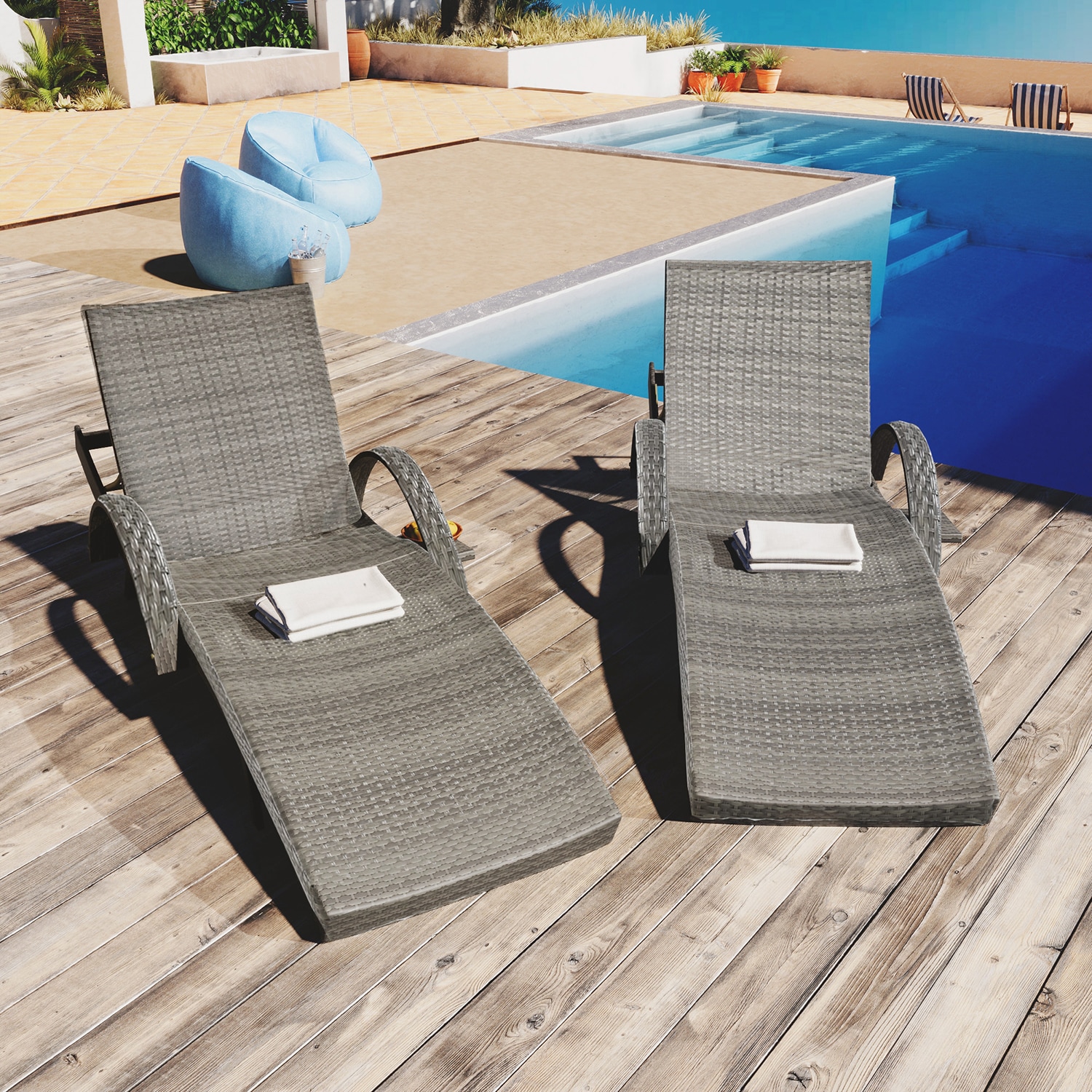 Mondawe MD-KS04AAB Set of 2 Wicker Gray Wicker Frame Stationary Chaise Lounge Chair with Woven Seat
