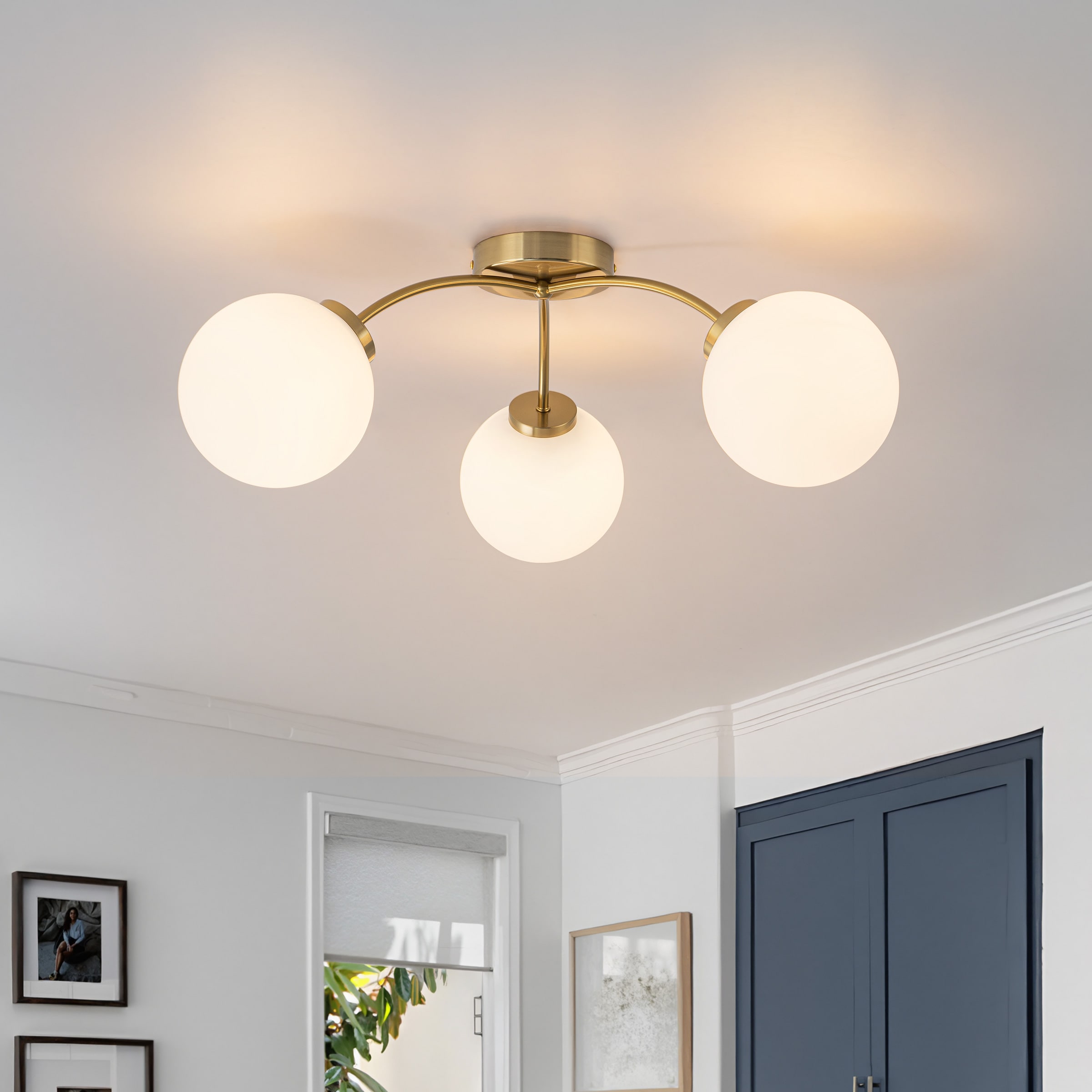 LLHZSY 24.82-in Gold Indoor 3 -Light Semi-flush Mount Light with Frosted Glass