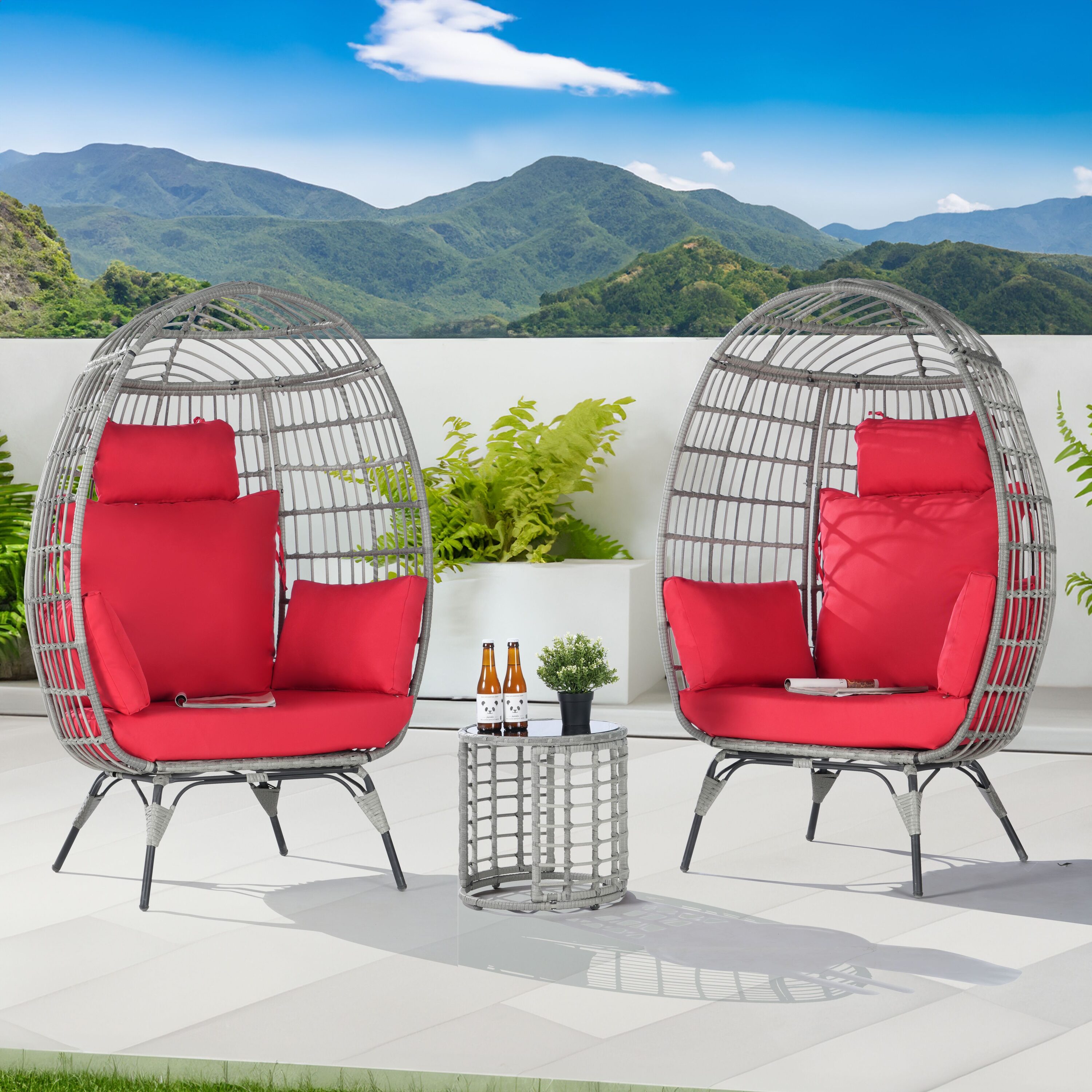 SANSTAR L-JDC67RD-3P 3 -Piece Wicker Patio Conversation Set with Red Cushions