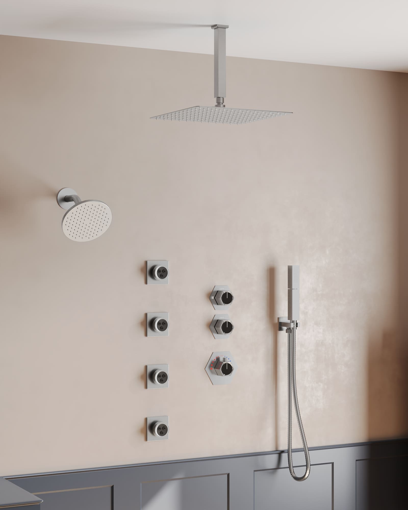 EVERSTEIN SFS-1039-NK12 8-Spray Patterns 12 and 6 in. Square Ceiling and Wall Mount Dual Shower System Set in Brushed Nickel