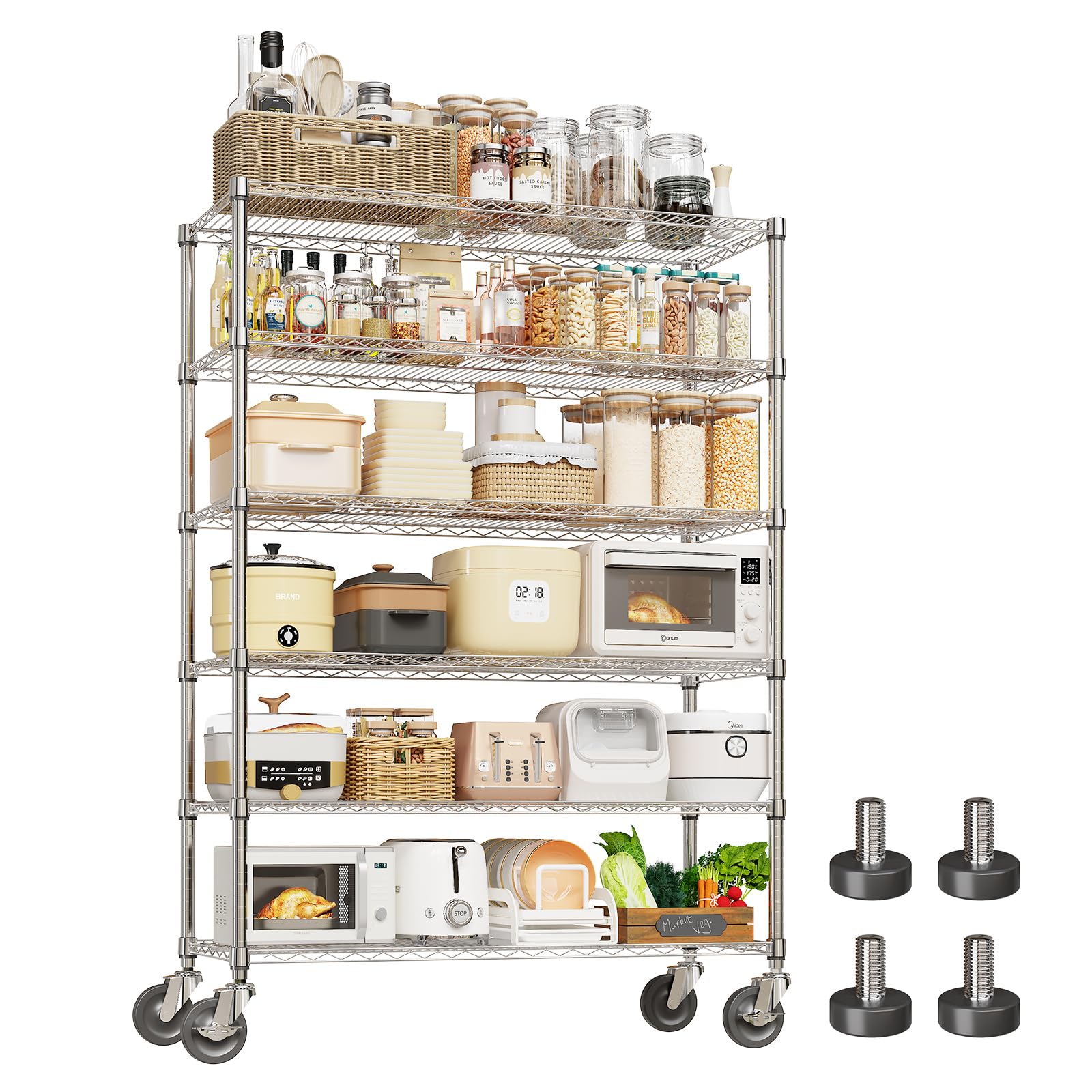 GarveeLife 6-Tier Chrome Wire Rolling Storage Shelving Unit 47.2-in W x 17.7-in D x 71-in H Heavy Duty Adjustable Metal Rack