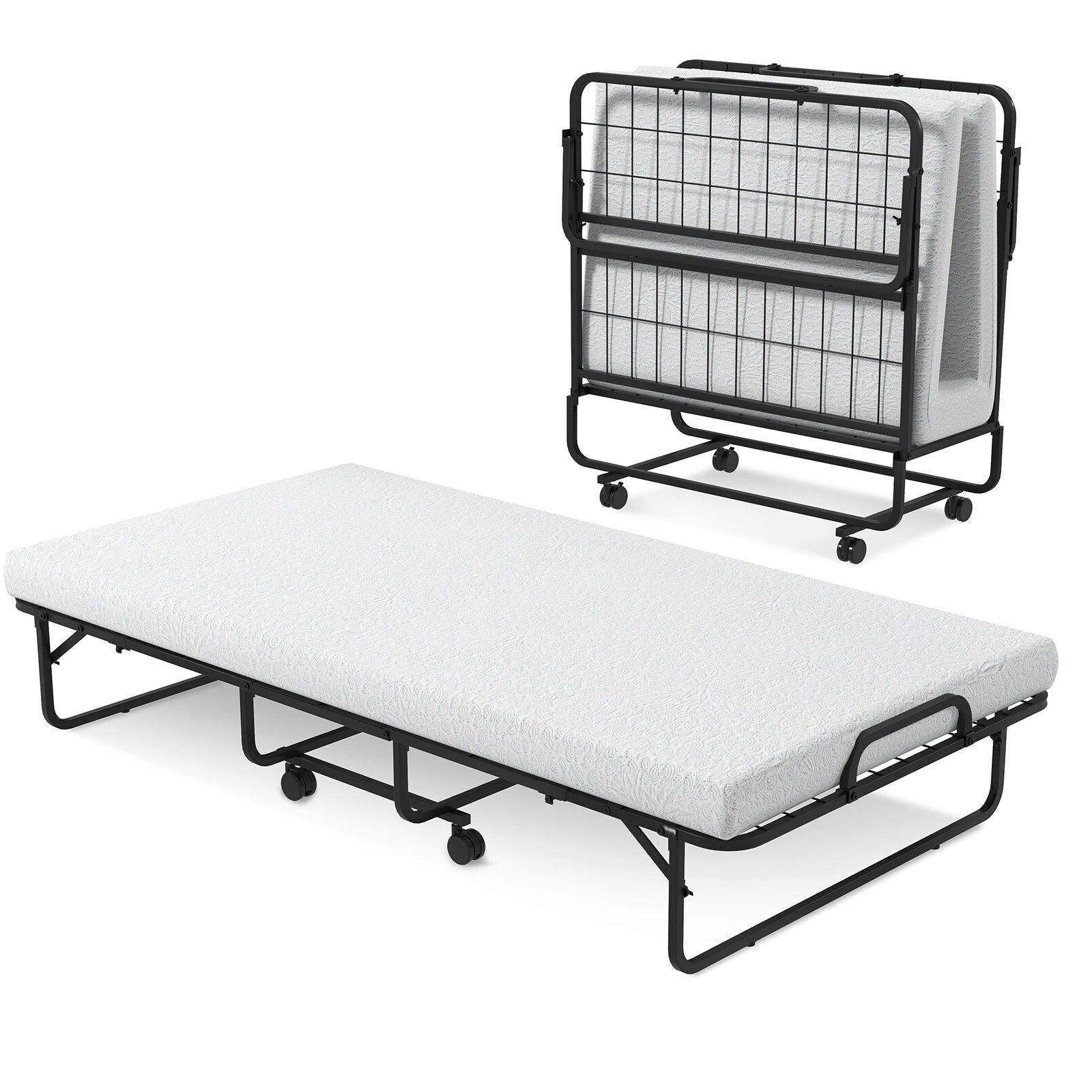 Slickblue Twin Compact Rollaway Bed with White Mattress – Black Metal Folding Frame without Storage Washable Cover for Dorm or Home Use
