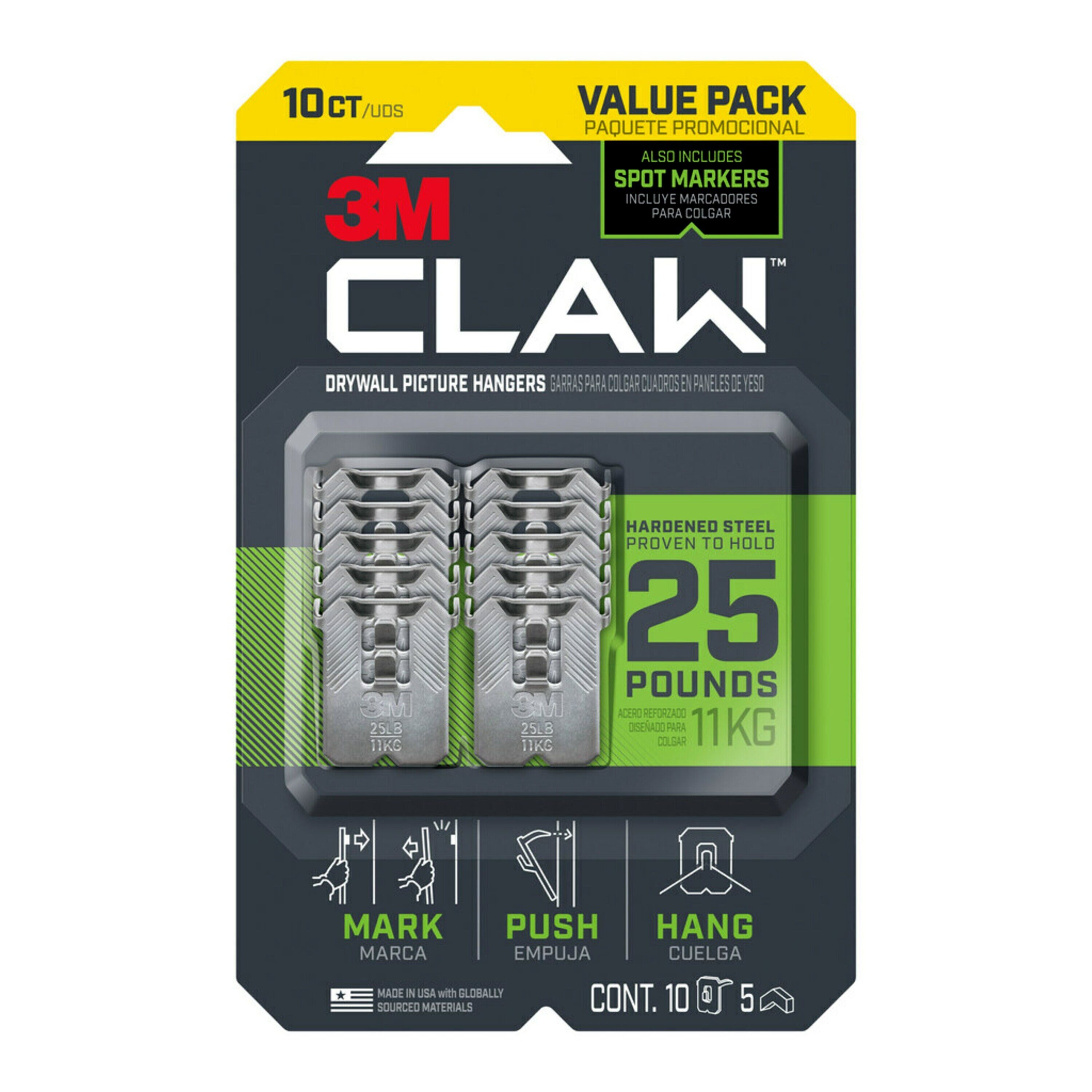 3M CLAW Drywall Picture Hanger With Temporary Spot Marker, Assorted, 8 Hangers, 8 Markers/Pack