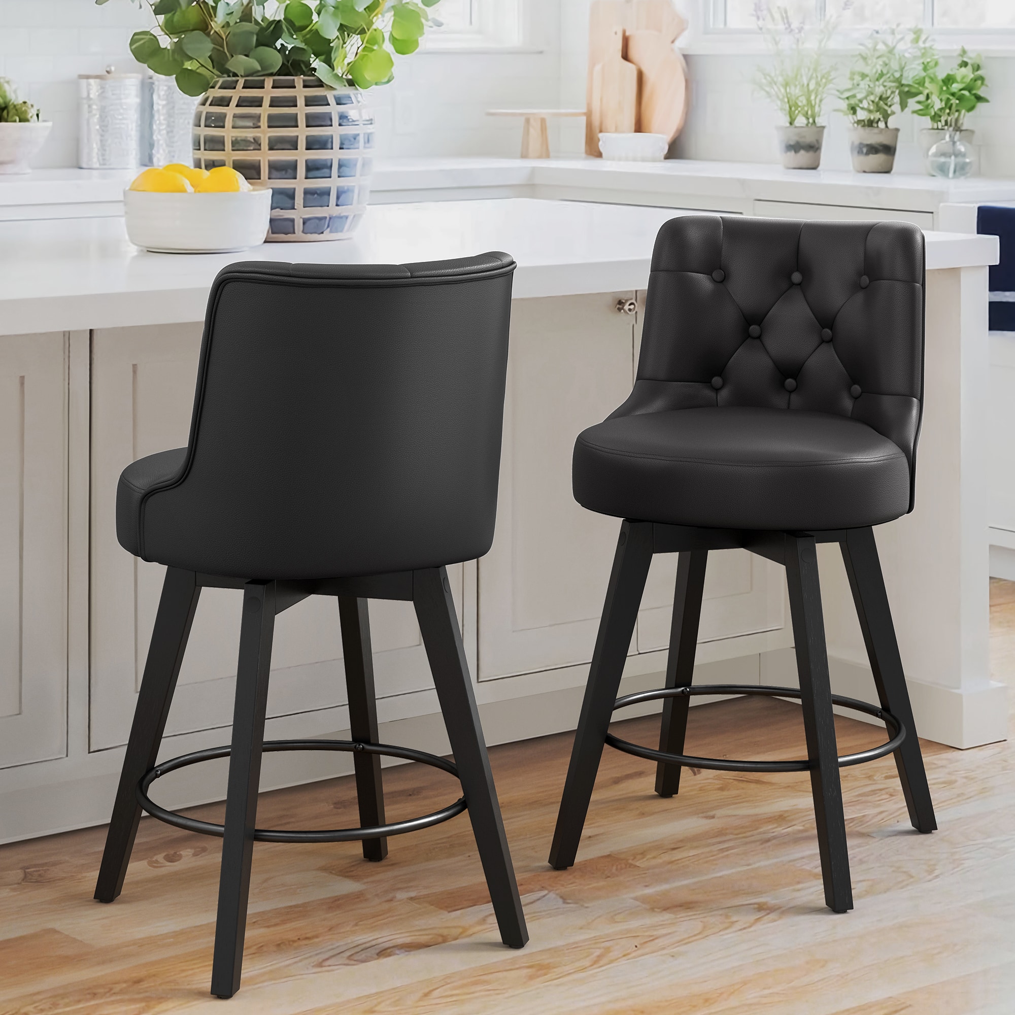 LUE BONA YB-157-03LS Set of 2 Black 26-in H Counter height (24-in to 27-in) Round Seat Upholstered Swivel Wood Back Bar Stool Back