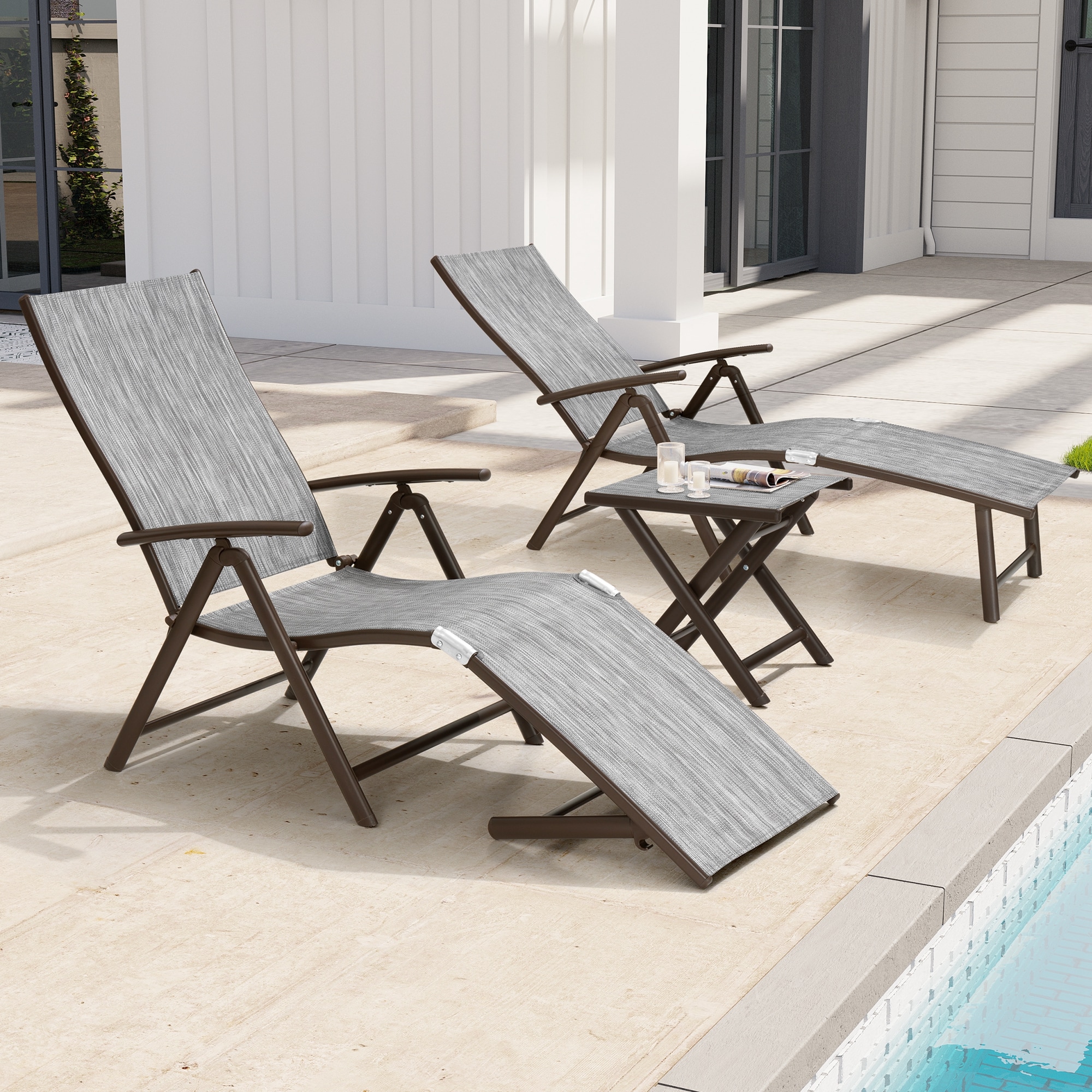 2-Person Black and Gray Aluminum Adjustable Chaise Lounge Set with Table