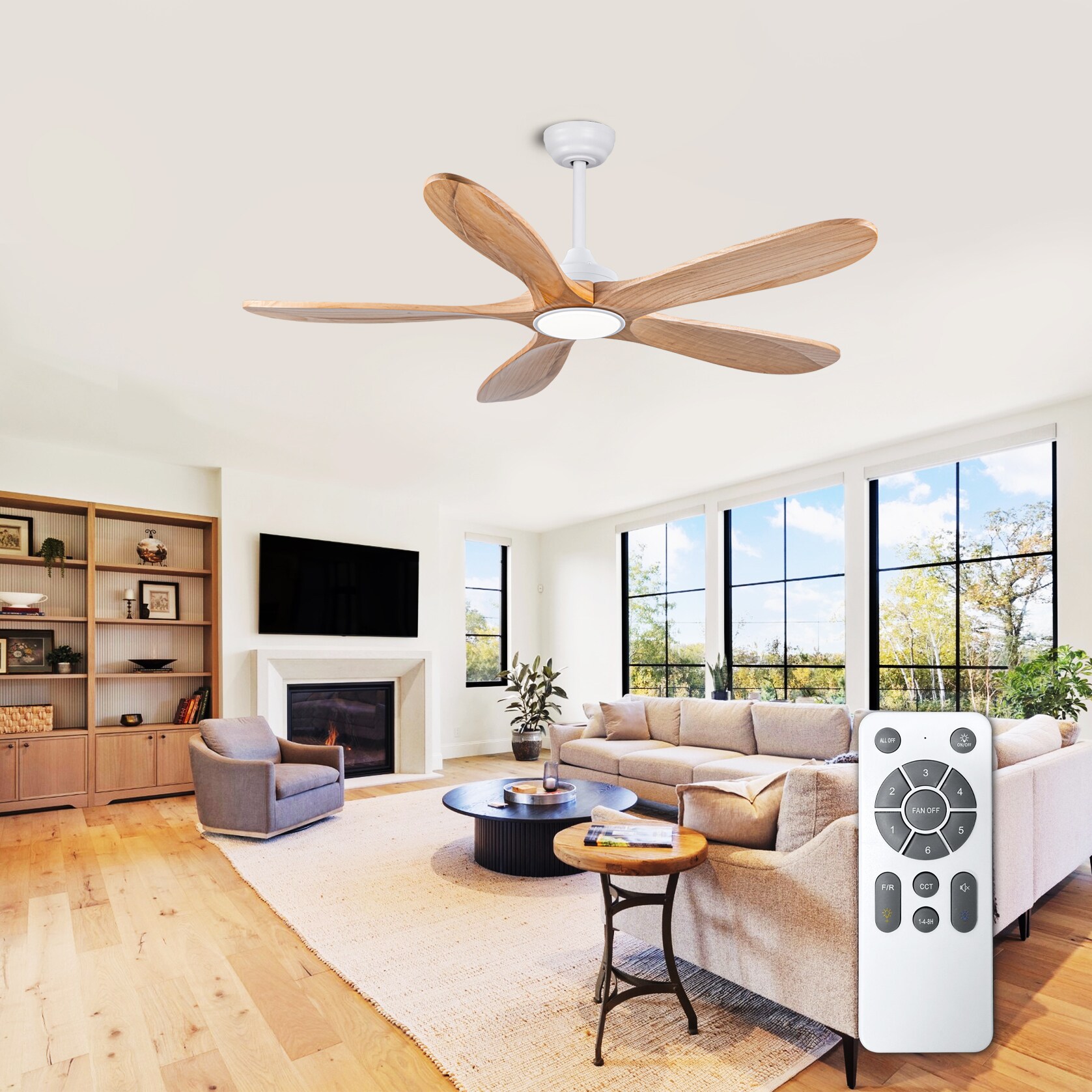 HyperDrop Cart 52-in Natural Wood Ceiling Fan with 3CCT Dimmable Light 6-Speed Noiseless Motor Remote Control for Indoor and Outdoor Use