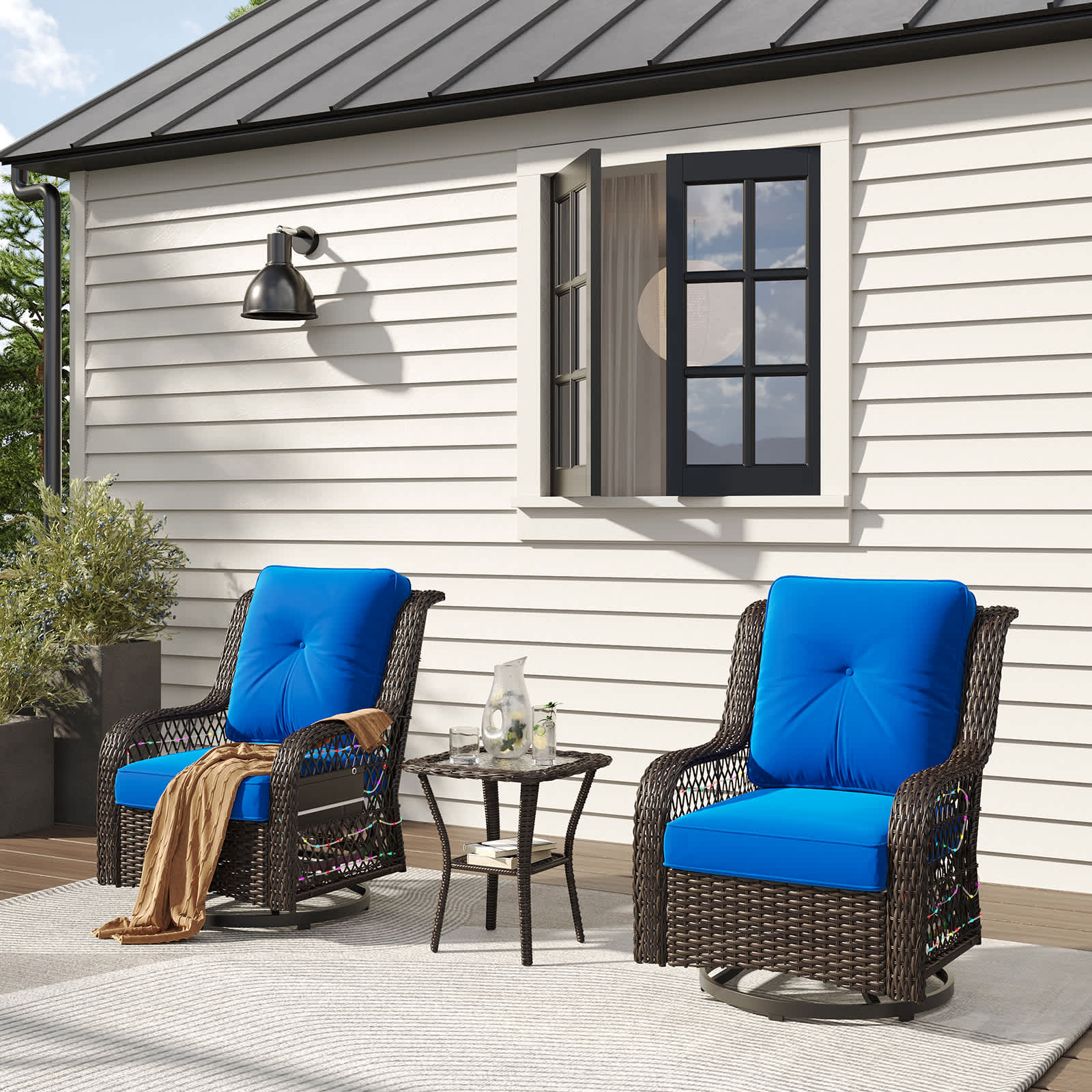 Bestier LOW-O400176A-BP026 30-in W Navy Outdoor Rocking Swivel Chair  with LED Strip and Waterproof PE Rattan