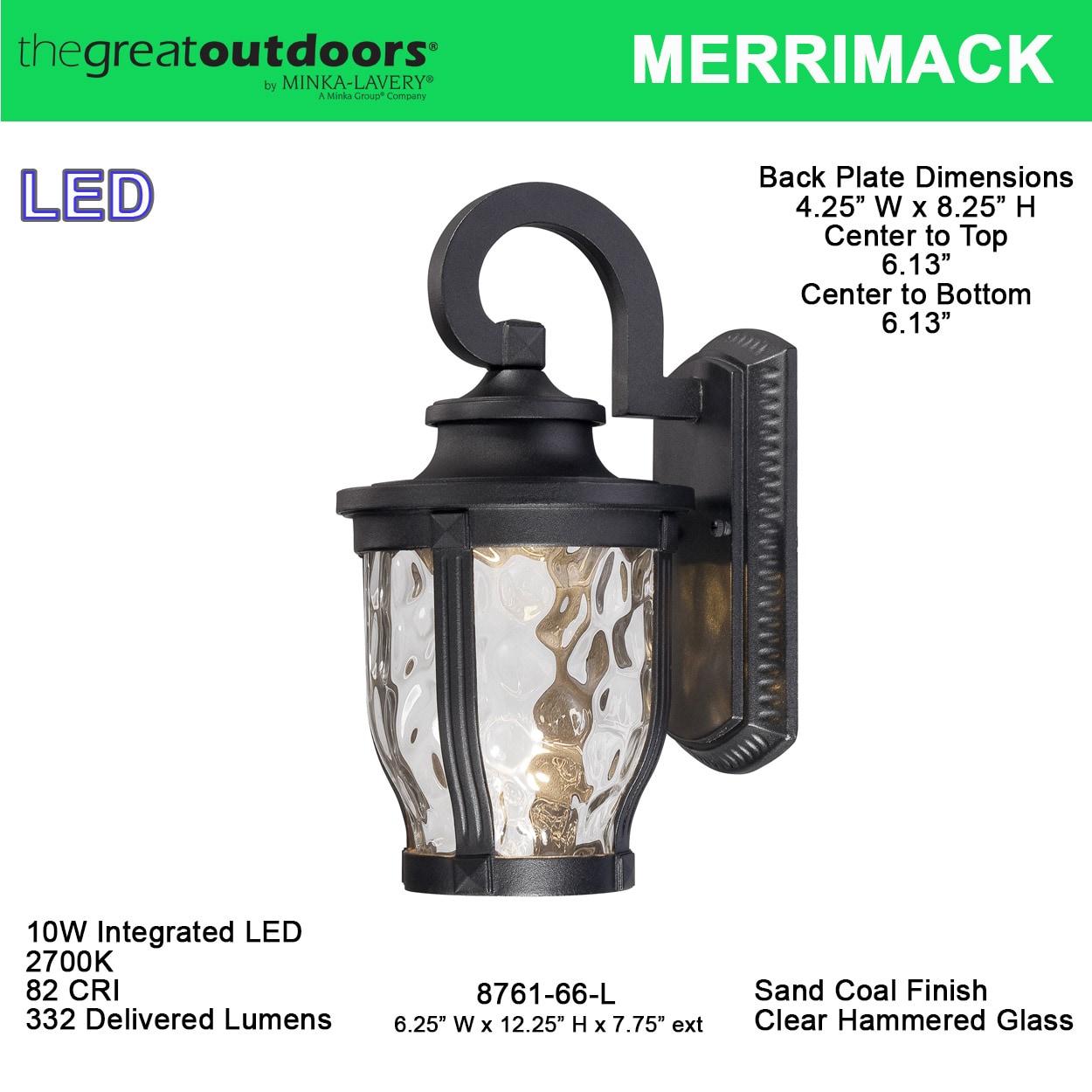 Black and Clear Hammered Glass LED Outdoor Wall Lantern