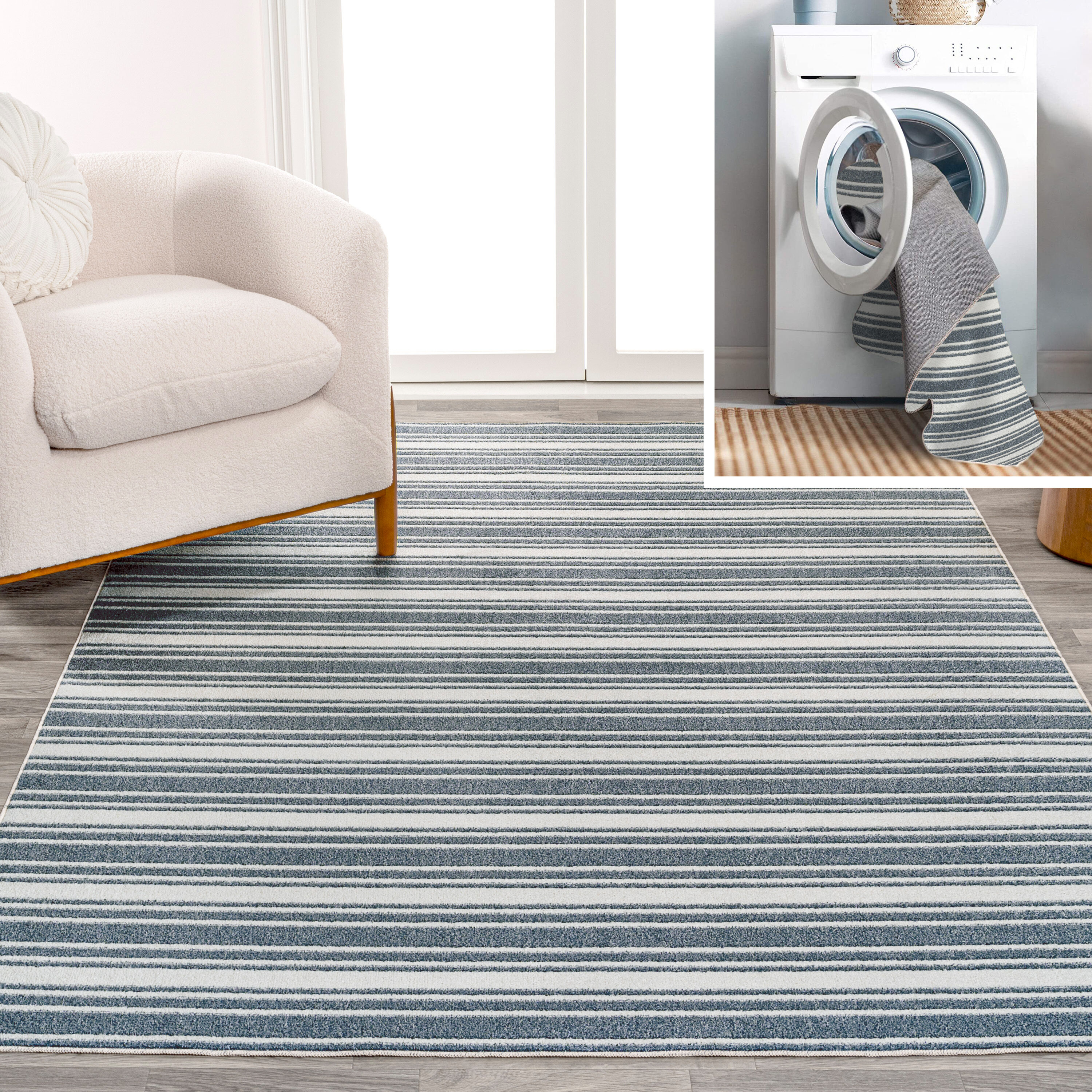 JONATHAN  Y WSH304A-5 WASHABLE Fawning Two-Tone Striped Classic Low-Pile 5 x 8 (ft) Loomed Polyester Cream/Dark Gray Rectangular Indoor Stripe Mid-Century Modern Machine washable Area rug