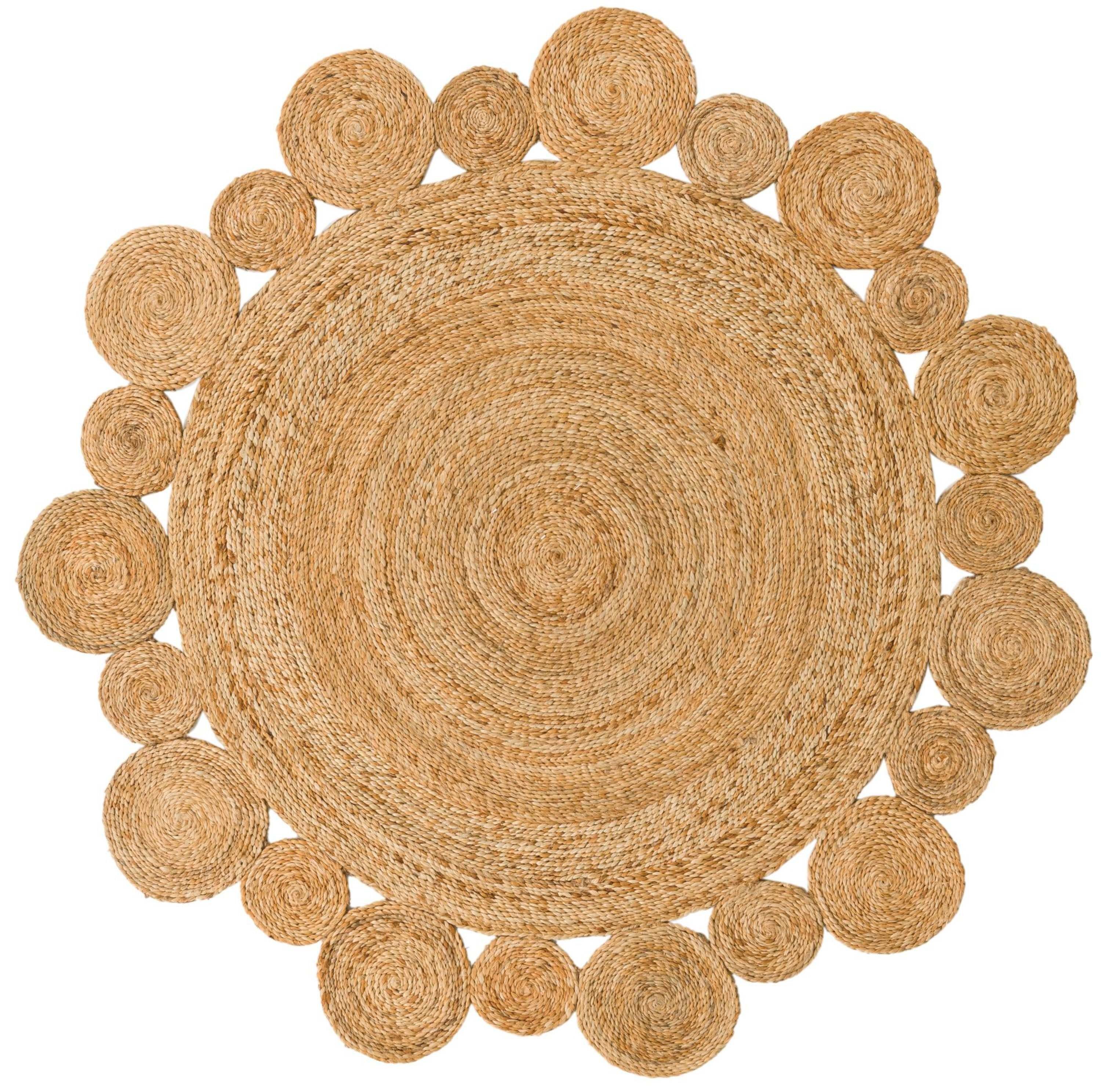Hand-Braided Natural Jute Round Floral Area Rug, 5 ft