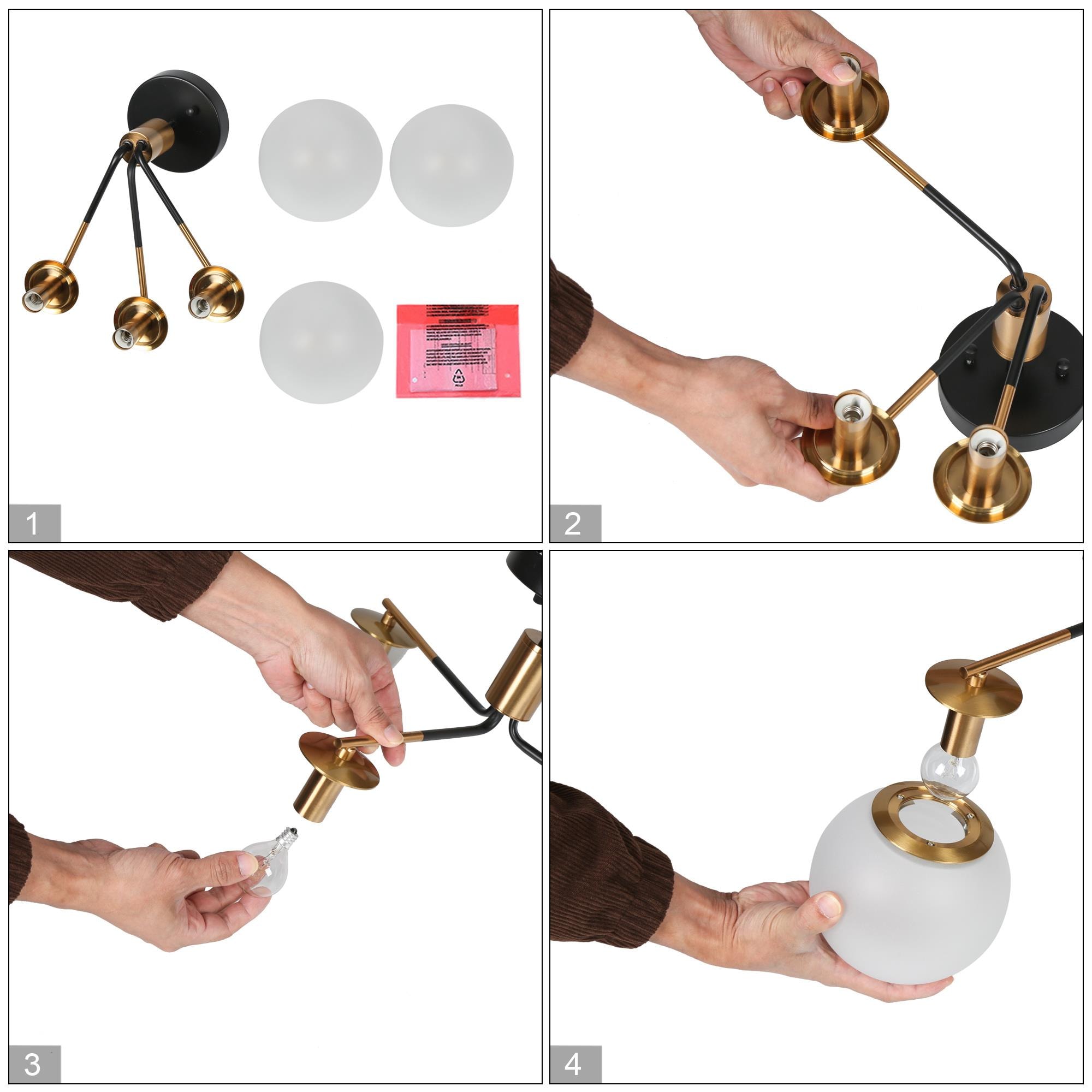 Modern 19" Matte Black and Brass Semi-Flush Mount with Frosted Glass Globes