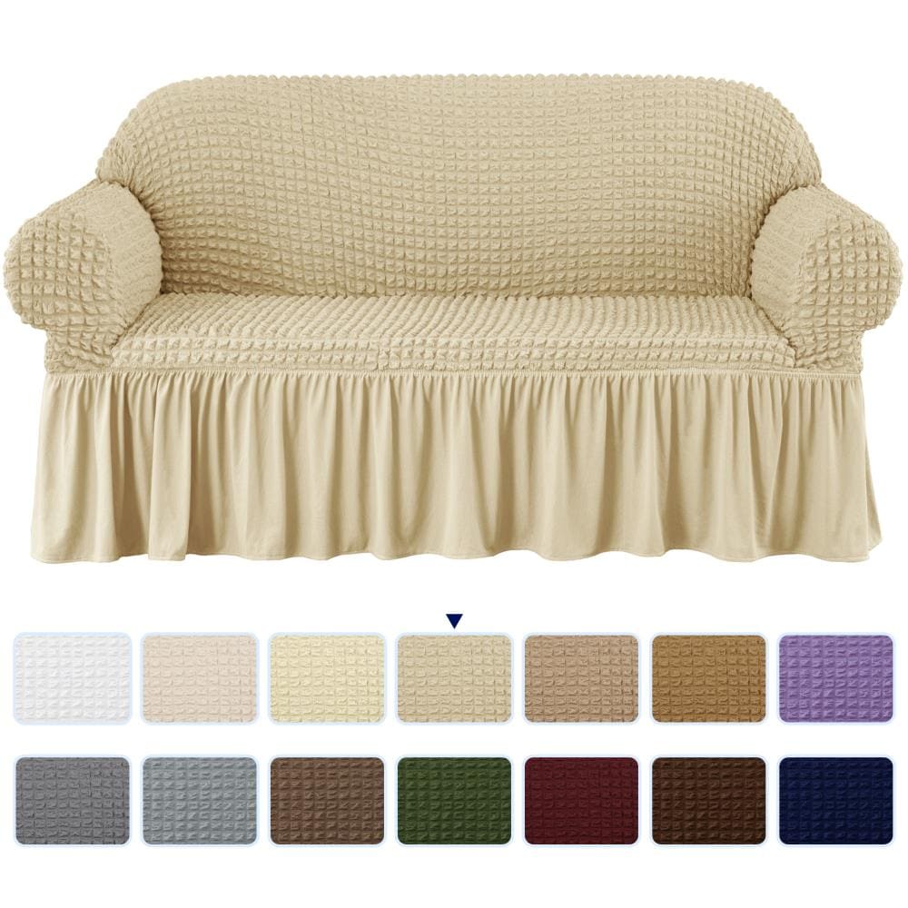 Subrtex SBTQBSFT1K-03 Ruffle Skirt Light Khaki Jacquard Sofa Slipcover 92-in W x 41-in H x 42-in D