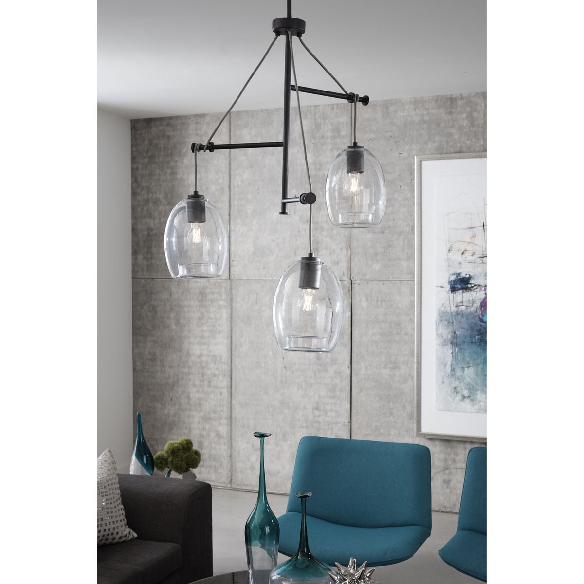 Progress Lighting Caisson 3-Light Graphite Bohemian/Global Clear Glass Globe Large Hanging Pendant Light