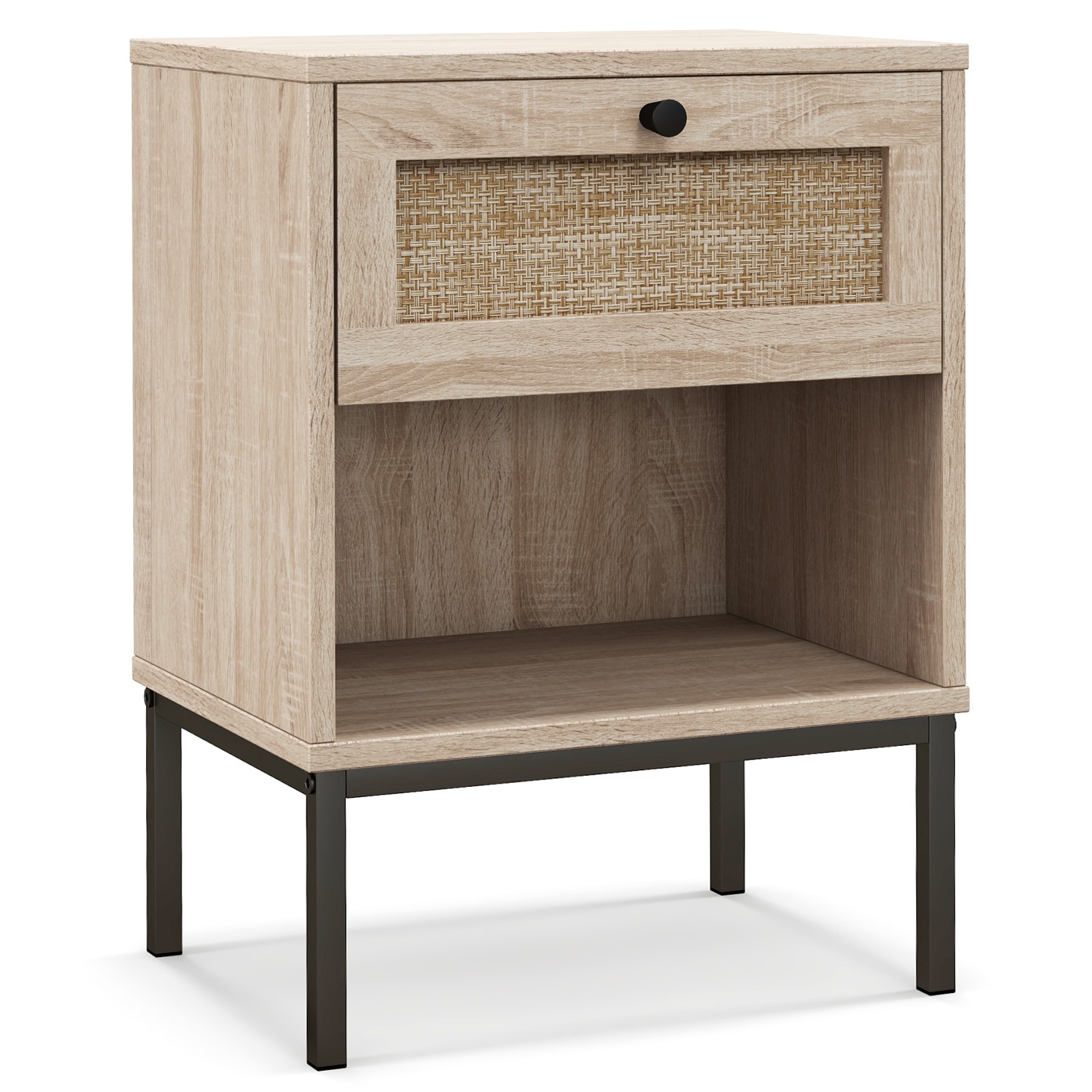 Slickblue D-CO-KO02411VJ Oak- Rattan Nightstand with Pull-Out Drawer and Open Shelf for Bedroom Living Room or Entryway