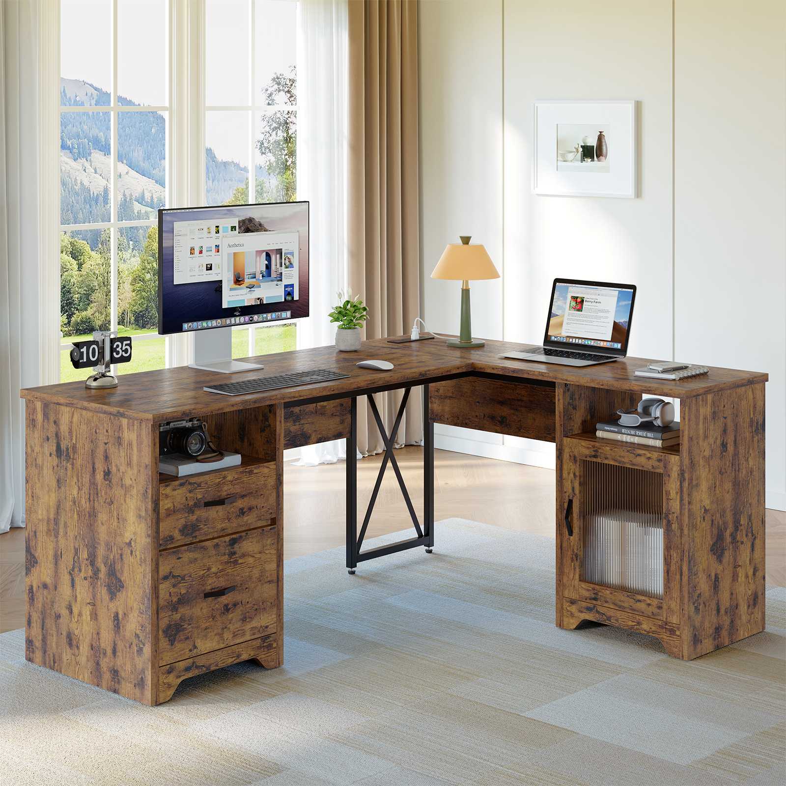 Bestier LOW-H104815SUS-RST 62.91-in W Brown Farmhouse L-Shaped Desk Office Computer Desk with Charging Station and Cabinet Corner Desk with File Drawers for Home Office