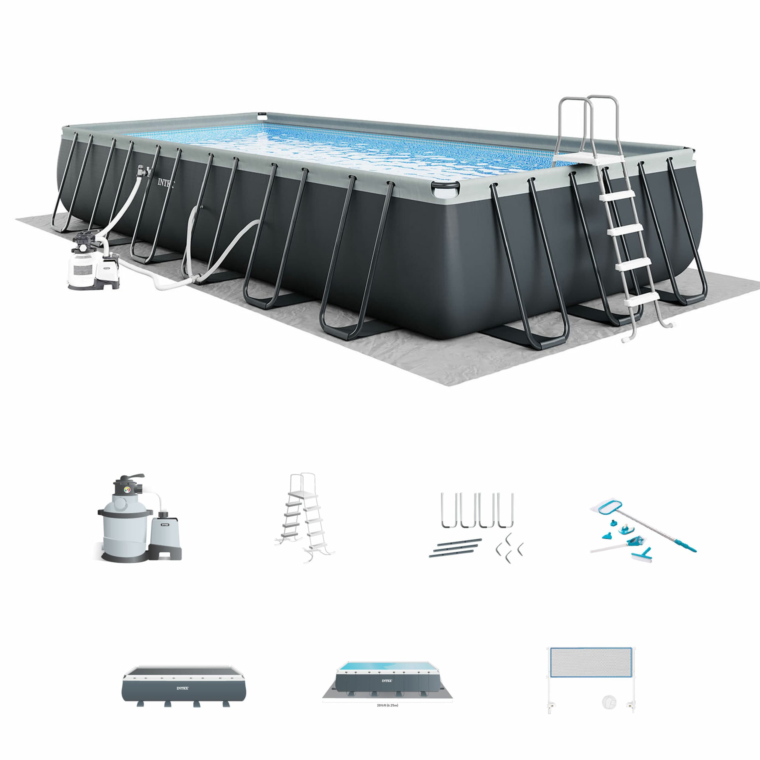 Intex 105905 24-ft x 12-ft x 52-in Metal frame Rectangle Above-Ground Pool with Filter Pump with Ground Cloth with Pool Cover with Ladder