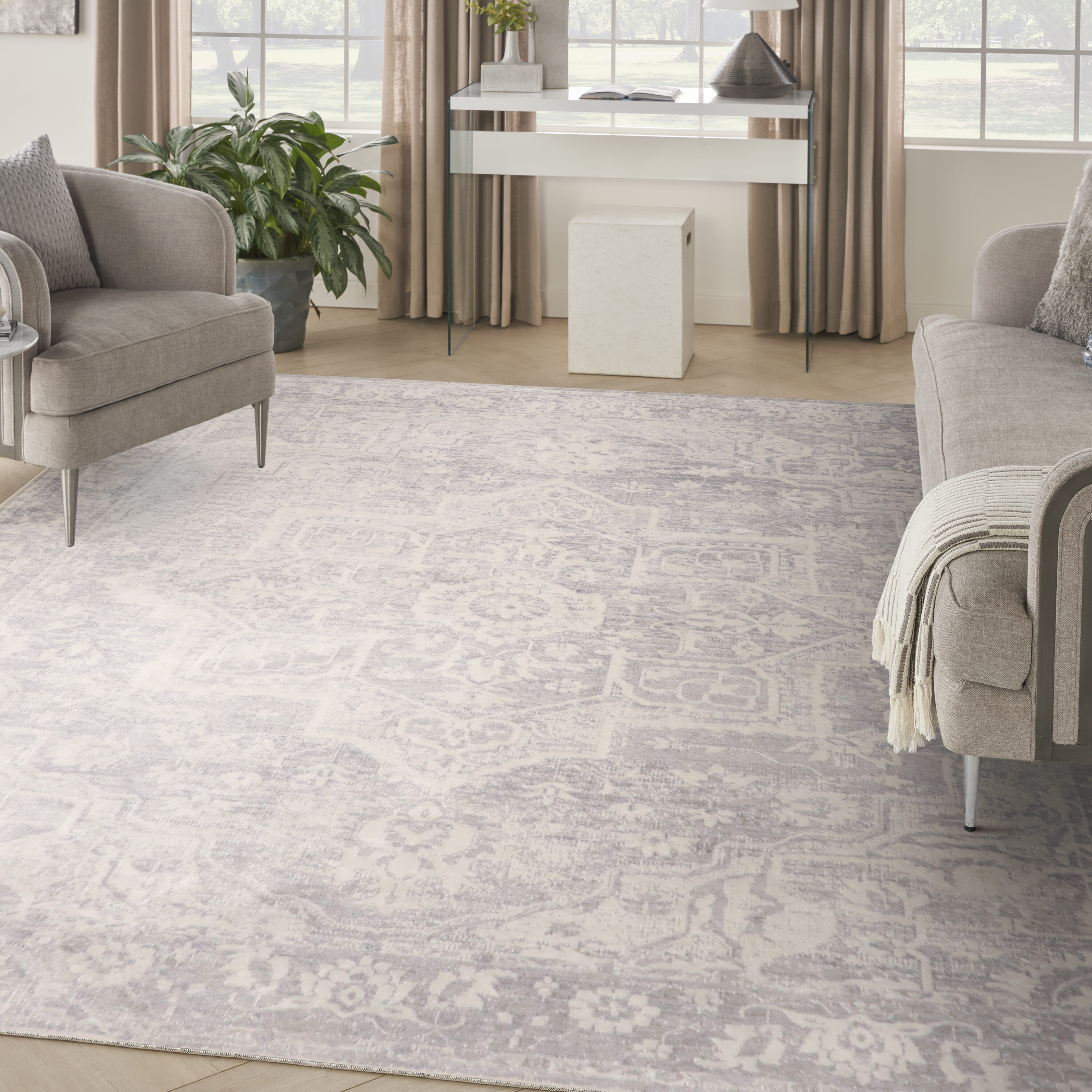 Nourison Home 841491133644 9 x 12 (ft) Loomed Polyester Grey Rectangular Indoor Distressed/Overdyed Bohemian/Eclectic Area rug