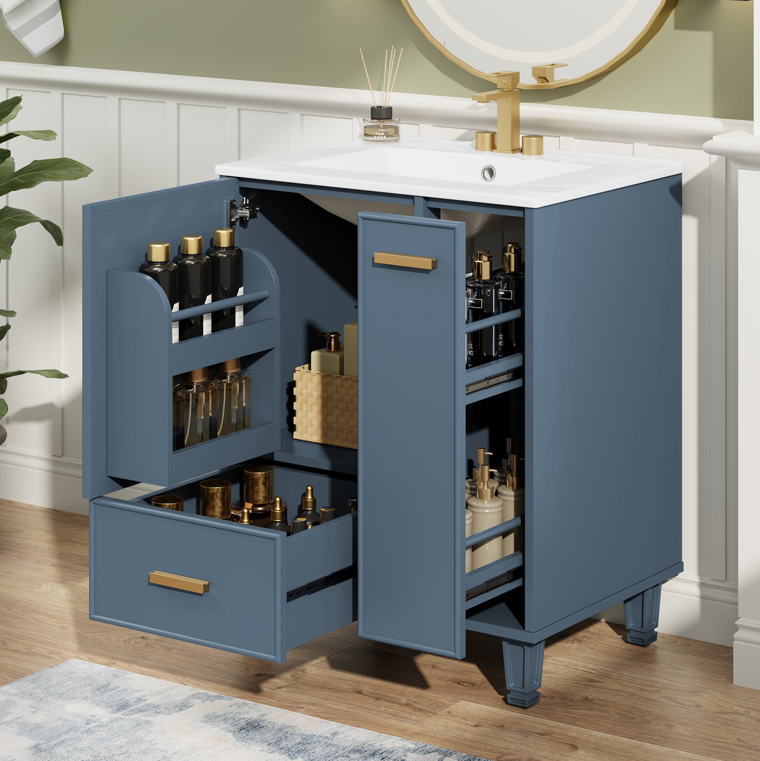 Tatayosi RY-P269734E 24 inches Bathroom Vanity with Sink Bathroom Cabinet with Door Shelf Deep Drawer 2-Tier Pull-Out Basket Solid Wood Frame and MDF Board One Package Grey