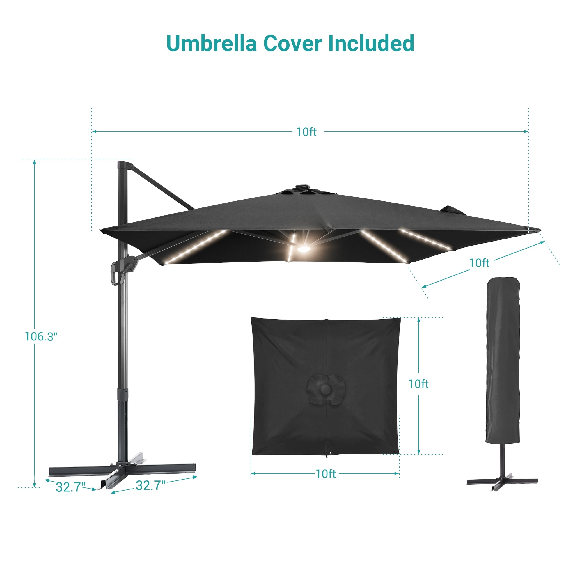 ACEGOSES 10-ft Aluminum Square No-tilt Cantilever Patio Umbrella with ...