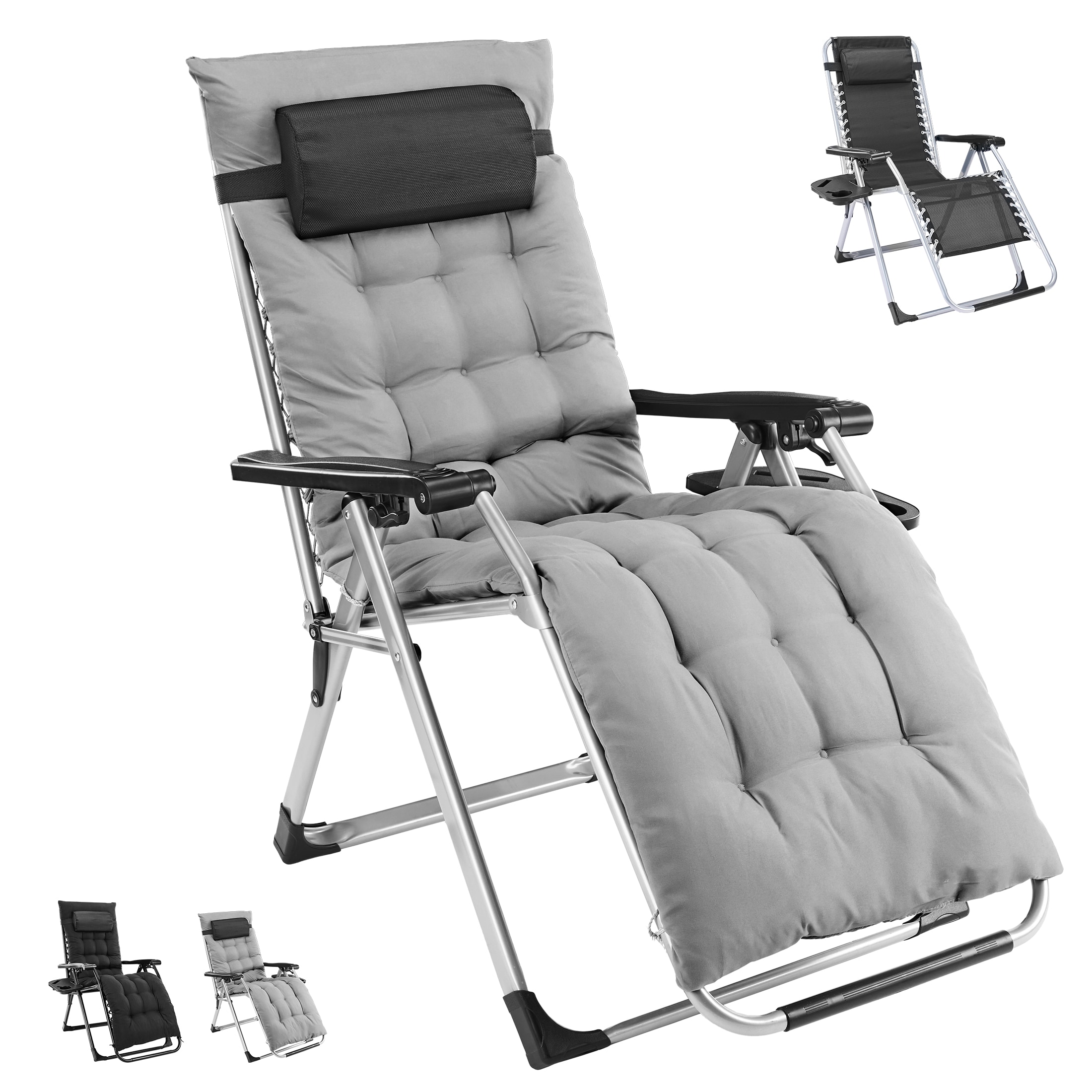Sweetcrispy Outdoor Reclining Lounge Chair Stackable Gray Stationary Zero Gravity Chair with Cushioned Seat and Steel Frame