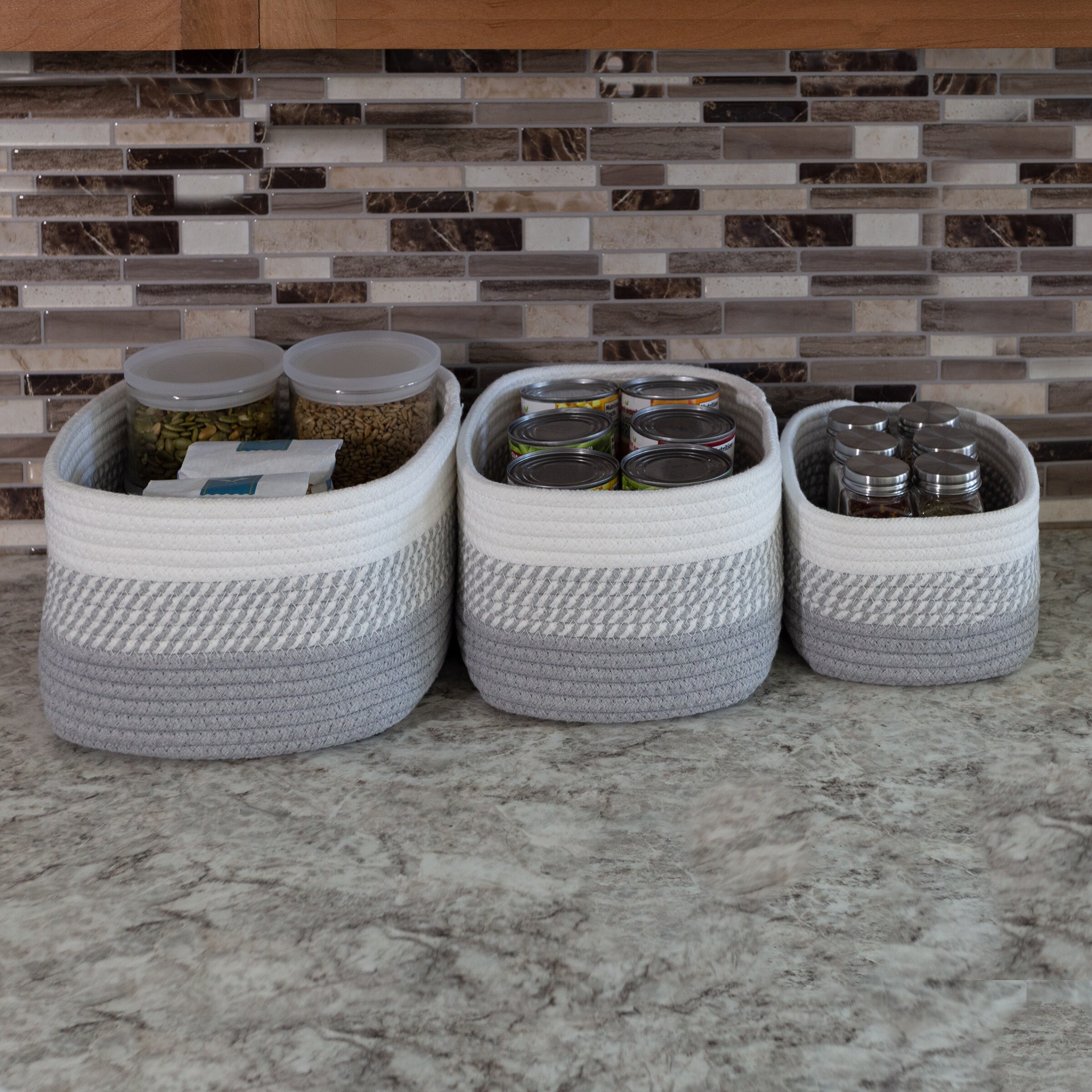 Gray Woven Cotton Rope Storage Basket Set, 3-Piece