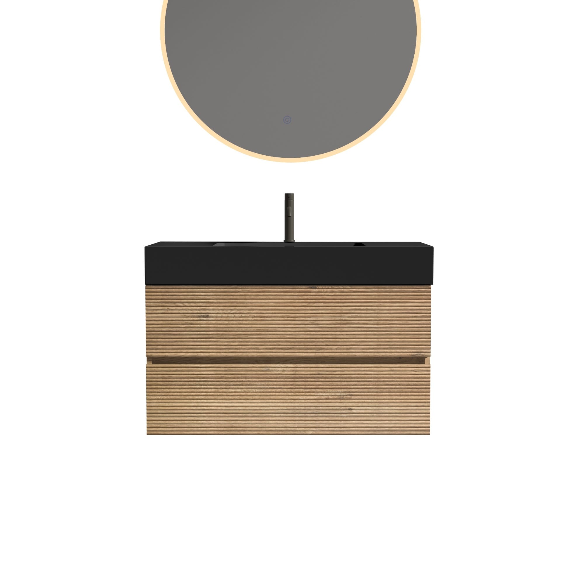 LIVACA 36 inch Oak Black Bathroom Vanity with Engineered Quartz Sink and Soft Close Drawers with Mid-Century Modern Design