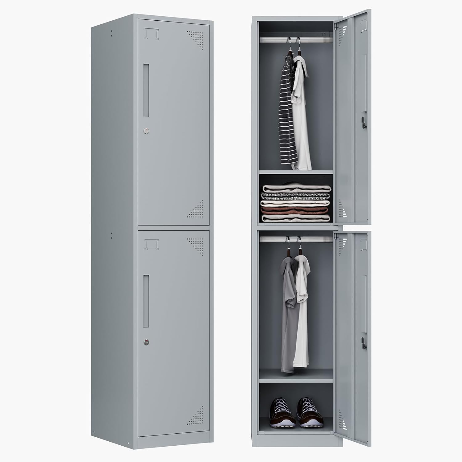 Letaya  Metal Locker 2 Lockable Door 71 Tall Steel Storage Cabinet for School Office Gym Home Employees Staff 2 Door Gray
