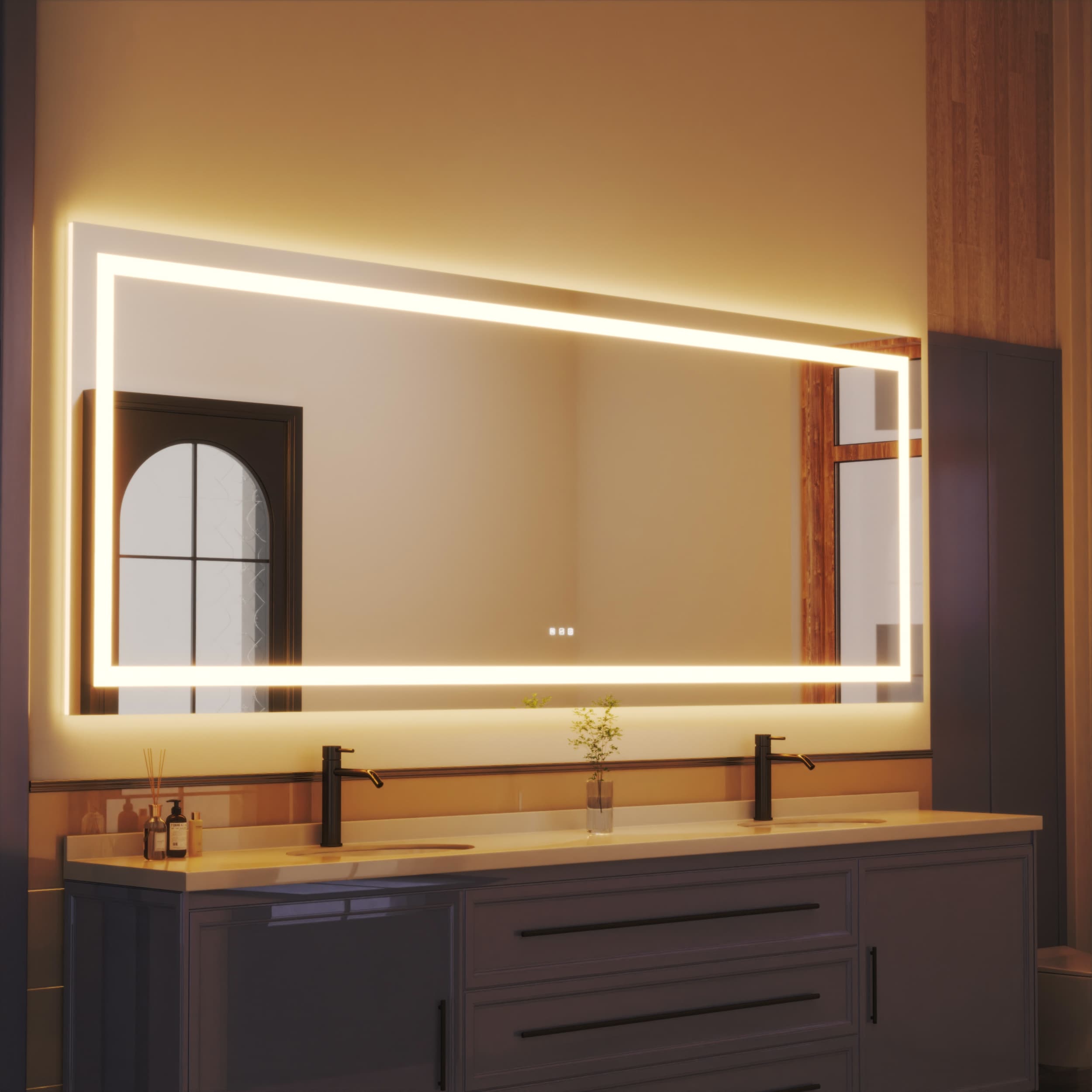 waterpar WPLO-2250 Backlit + Frontlit 110-Inches x 40-Inches Polished Frameless Rectangle Dimmable Lighted Fog Free Bathroom Vanity Mirror ( Clear )