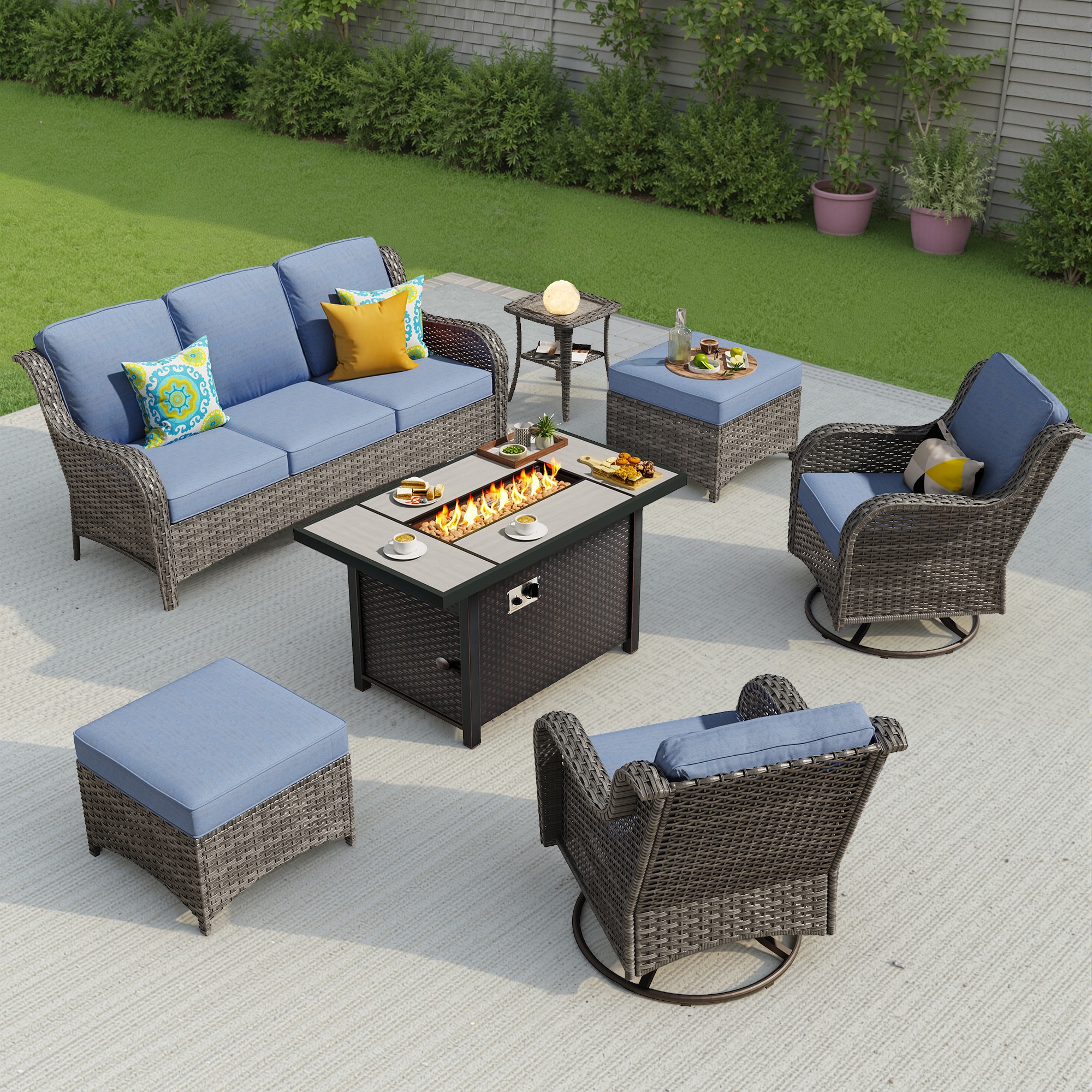 Pouuin SDFPGNTC306 7 -Piece Wicker Patio Sofa Conversation Set with Blue Cushions