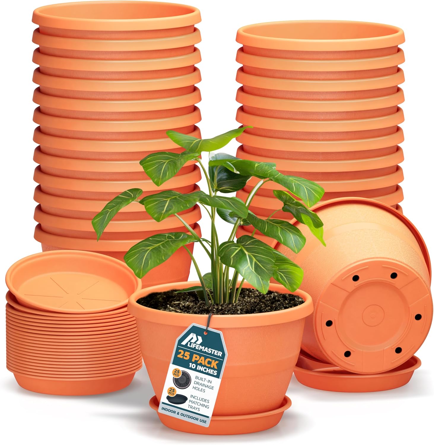 Life Master - 10 Inch Whiskey Barrel Planters Durable Plastic Plant Pots with Drainage and Saucer...
