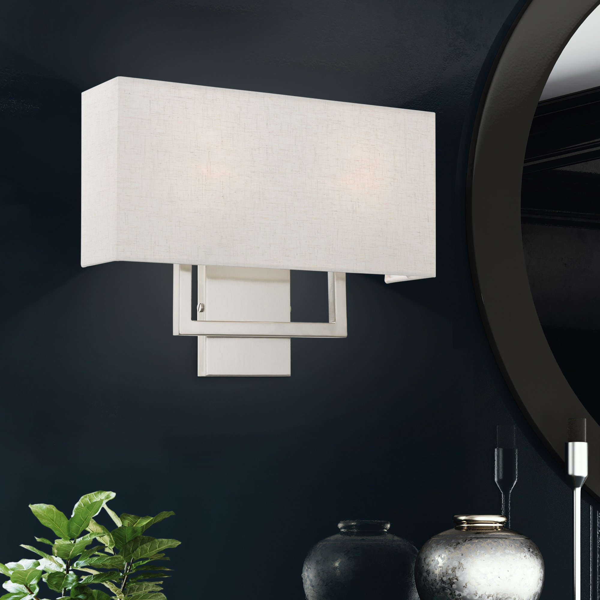 Brushed Nickel 2-Light Wall Sconce with Oatmeal Fabric Shade