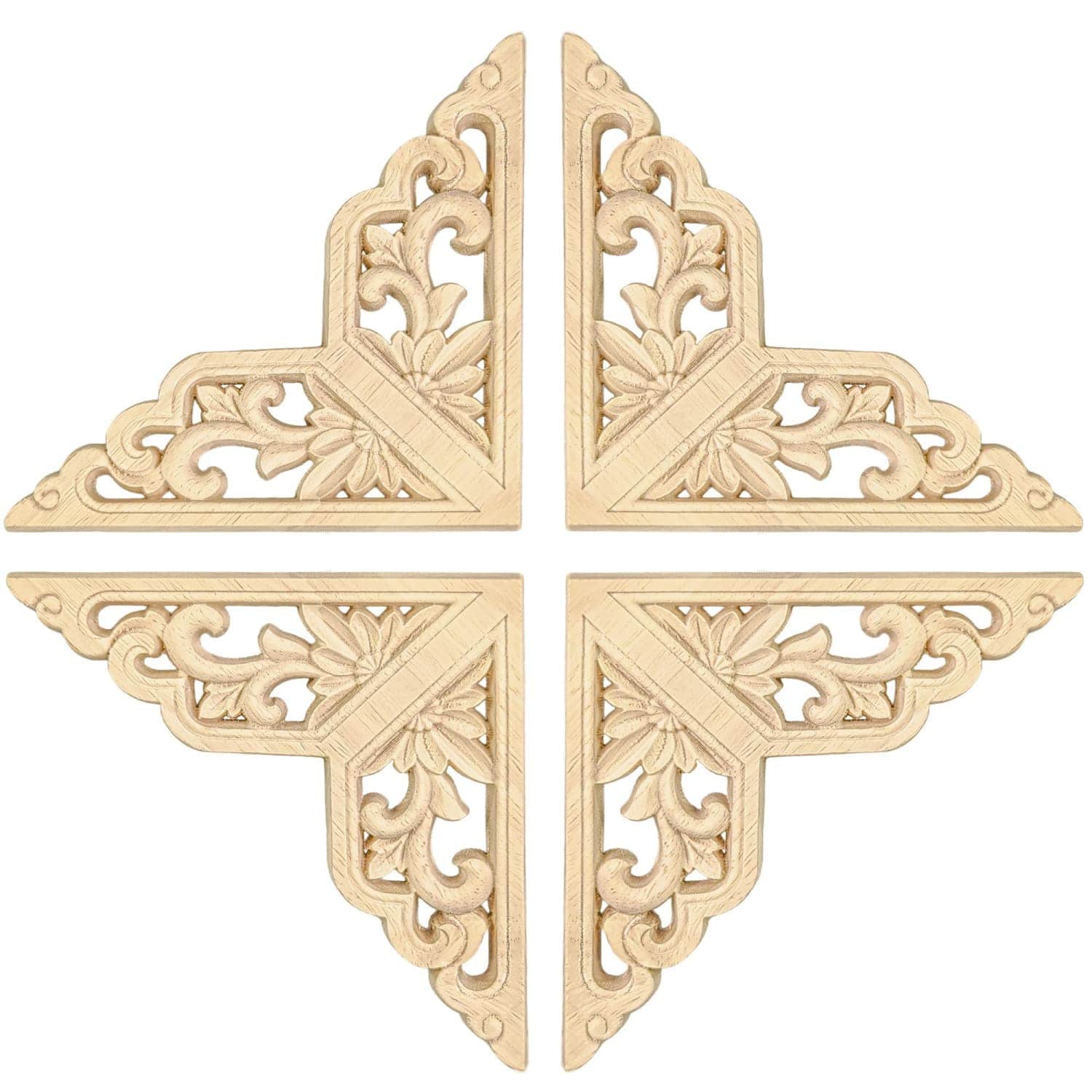 OGETFUUR 4-Pack 5.9-in x 5.9-in Unfinished Rubber Wood Corner Appliques with Beautiful 3D Pattern for Furniture