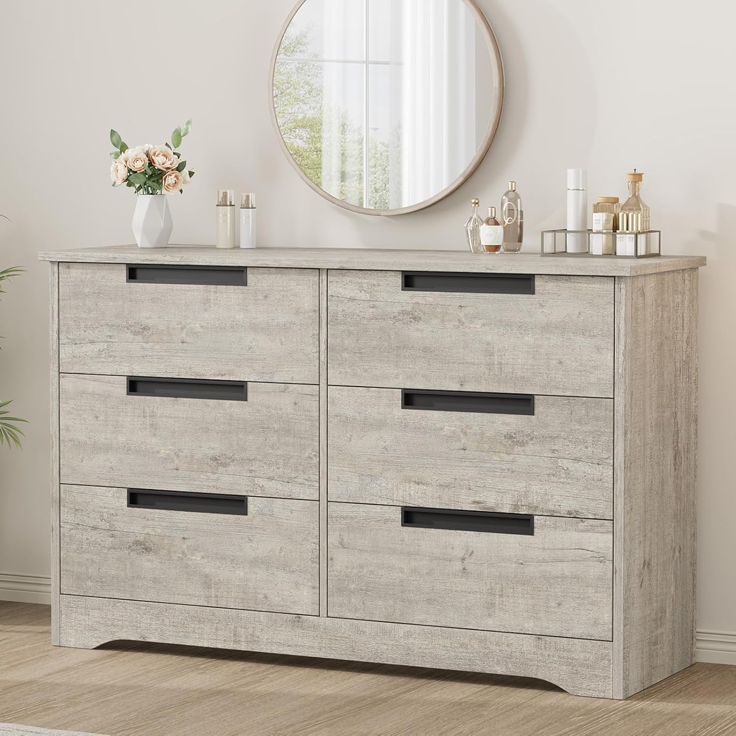Qeetex LSDIBPHK338VES7E Gray Six Drawer Modern Dresser With Embedded Handles For Bedroom Living Room And Nursery Storage