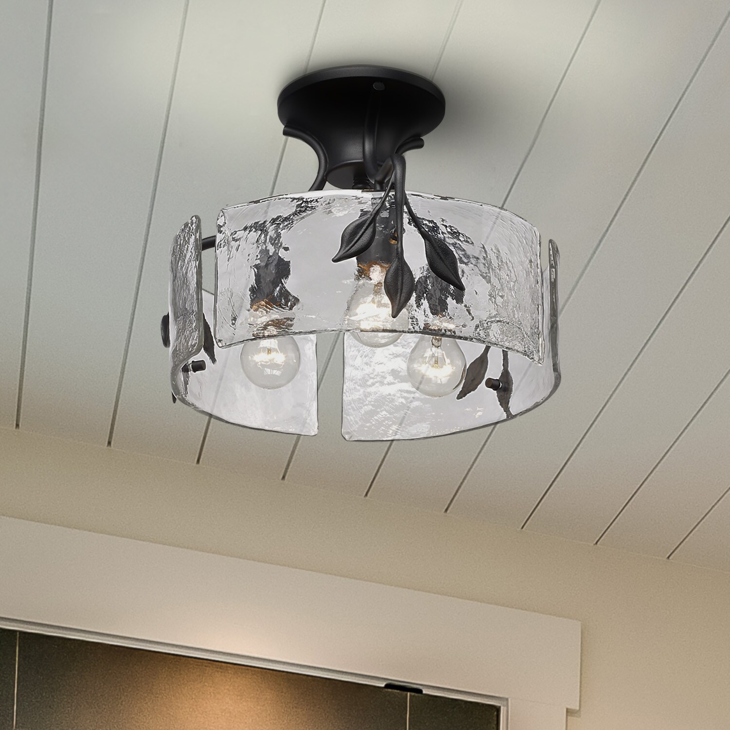 Natural Black Hammered Glass 3-Light Semi-Flush Mount