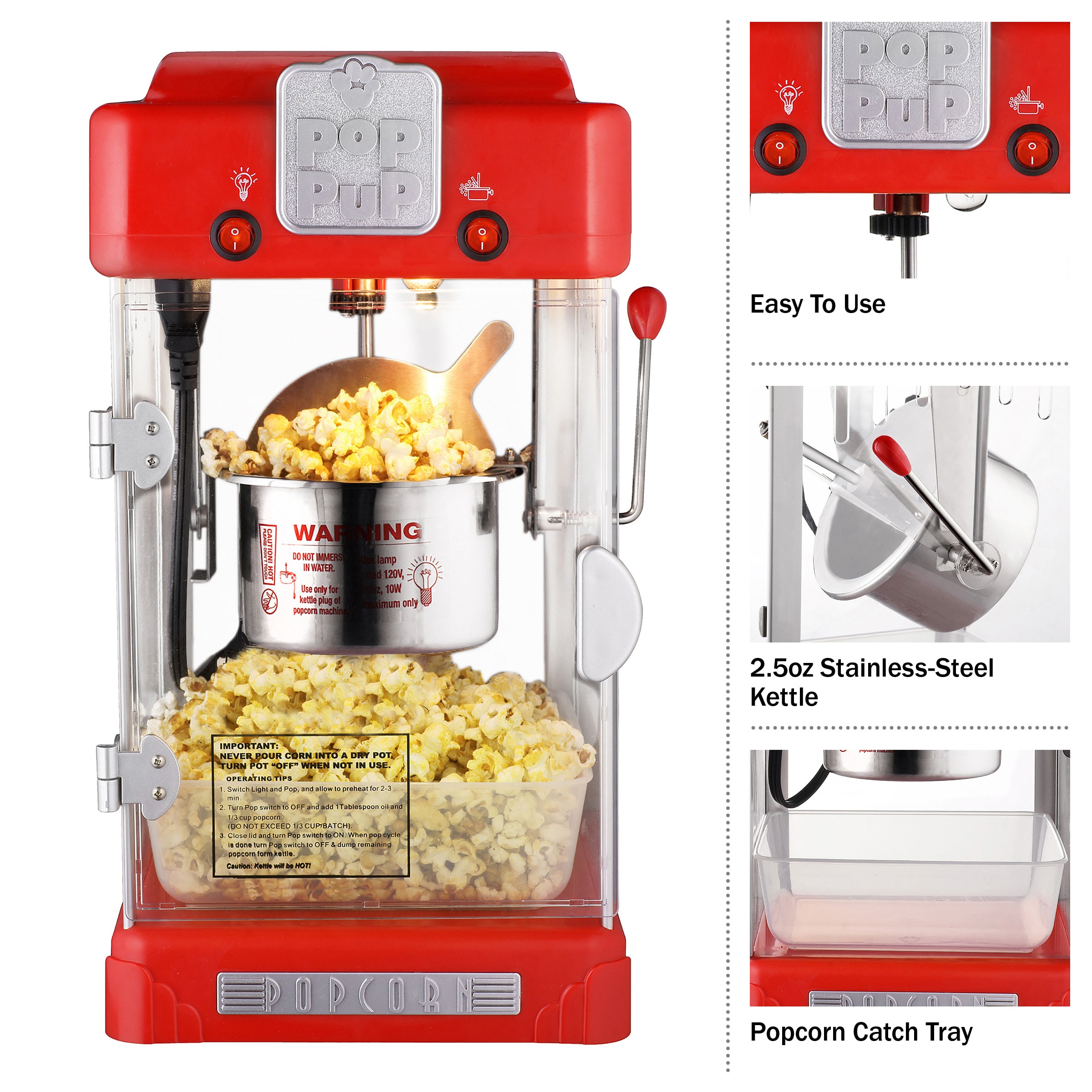 Electric Popcorn Machine, Home Use 6 Quart/24 Cup Stirring Popcorn Maker  with Vented Serving Lid, Non-Sticking Coating, Stainless Steel Rod, Side