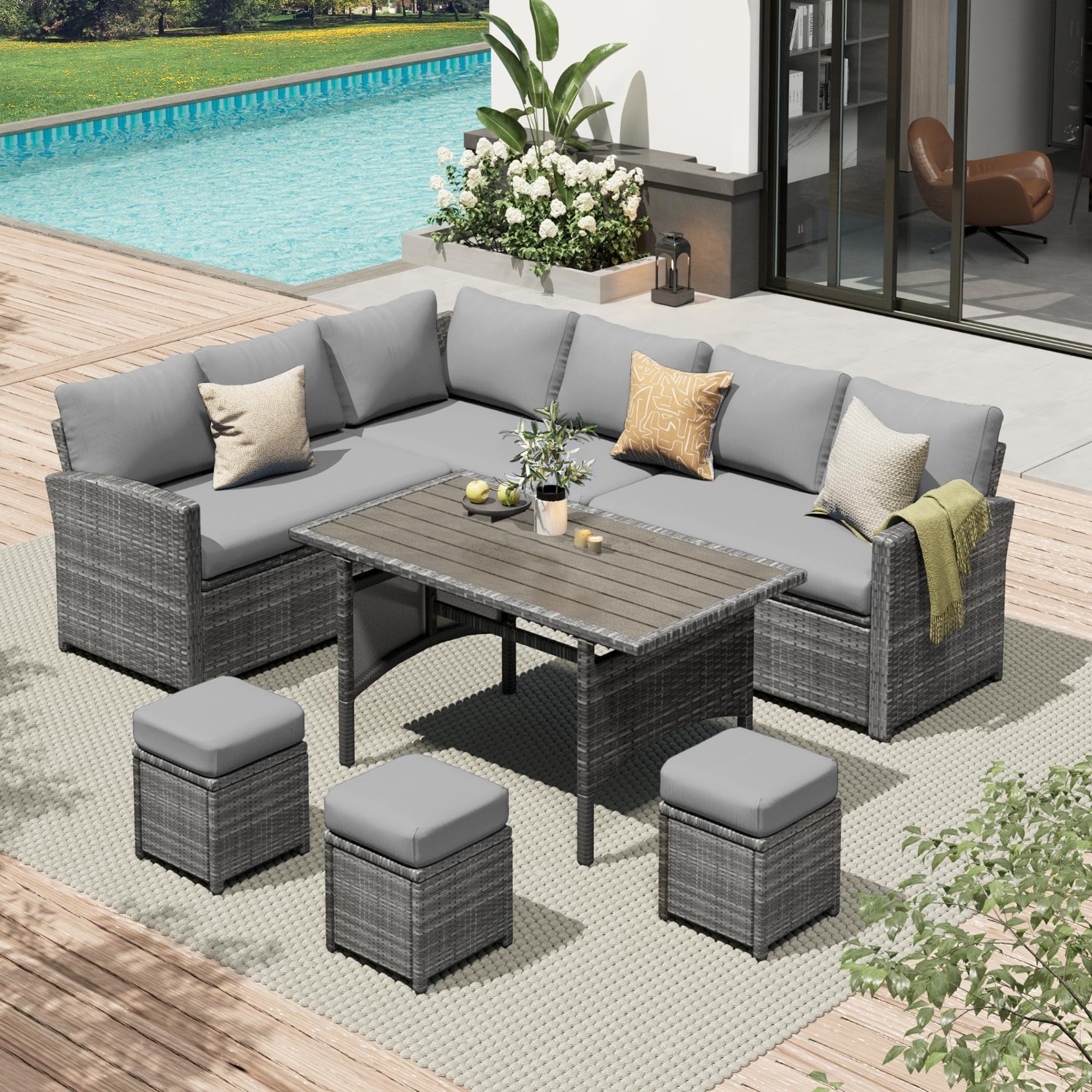 AECOJOY 16076GR-LS01 Conversation Set Outdoor Sectional with Gray Cushions and Wicker Frame