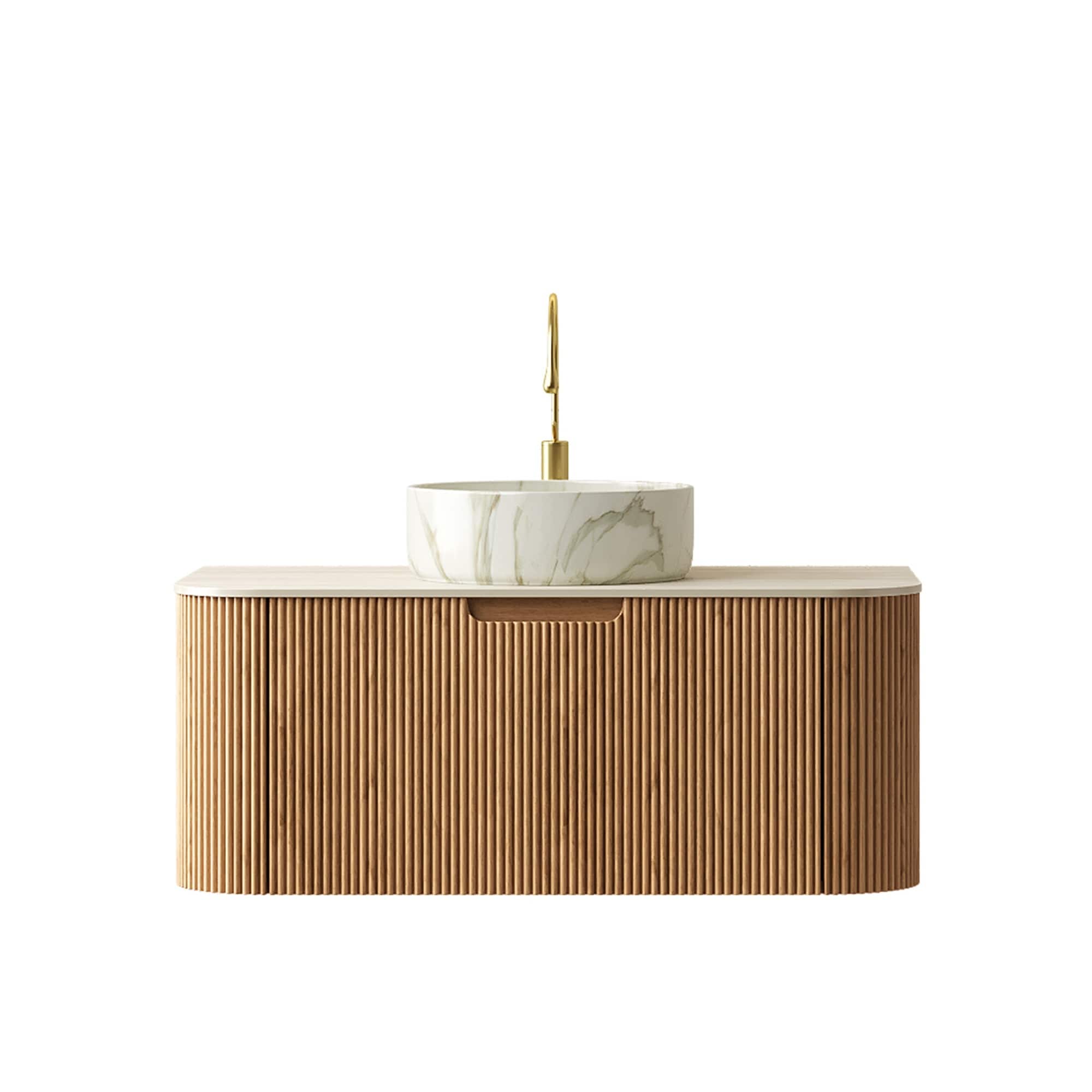 LIVACA - 36 inch Natural Woodgrain Color Floating Curved Edges Striped Cabinet Bathroom Vanity wi...