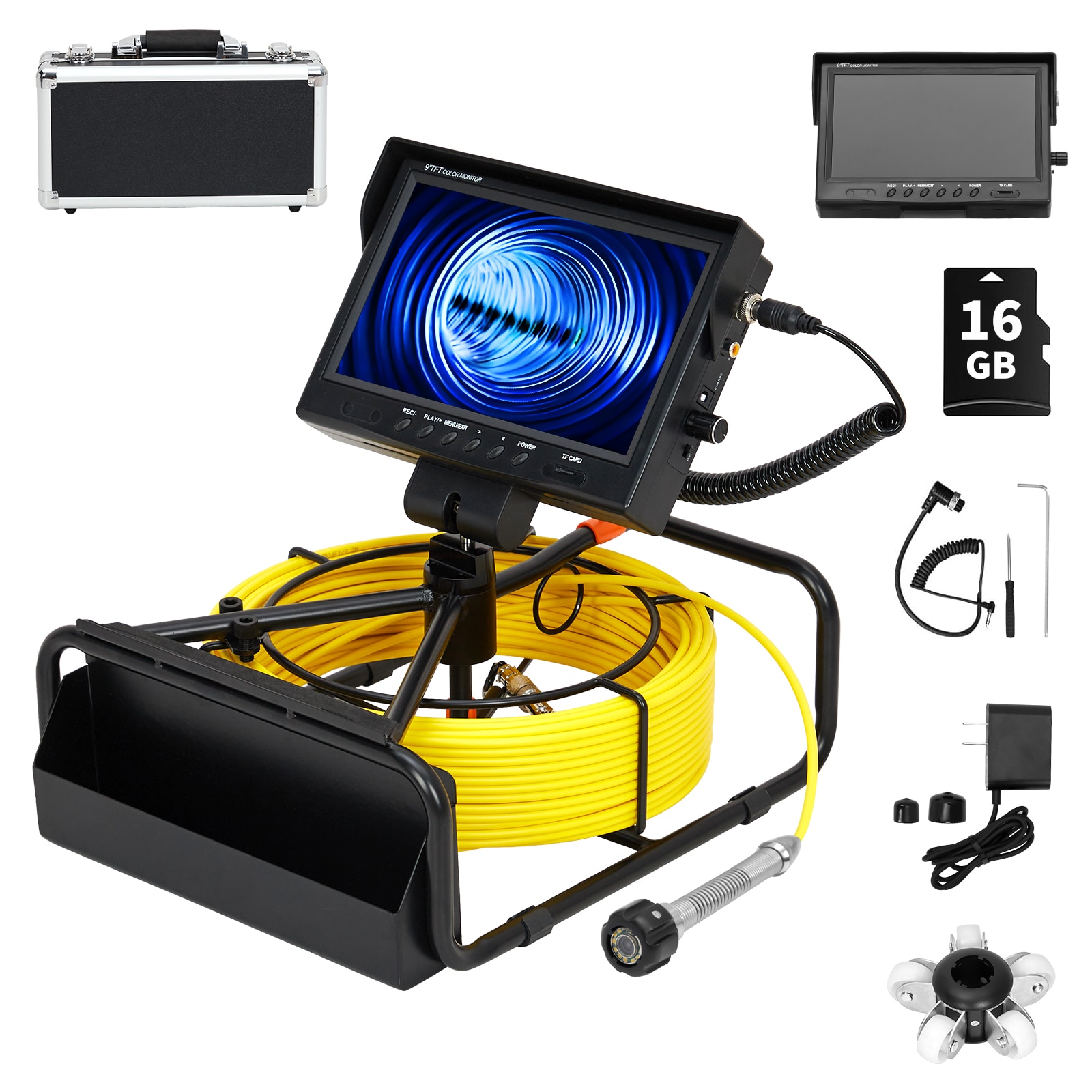 IdealHouse 9 Inch 1080P LCD Sewer Inspection Camera 98.4FT with 23mm IP68 Stainless Steel Probe 12 LEDs DVR 16GB Card Heavy Duty Reel Aluminum Case 512Hz Locator 12V 4500mAh For Pipe Drain HVAC #CA7-SBP2O9NW-13