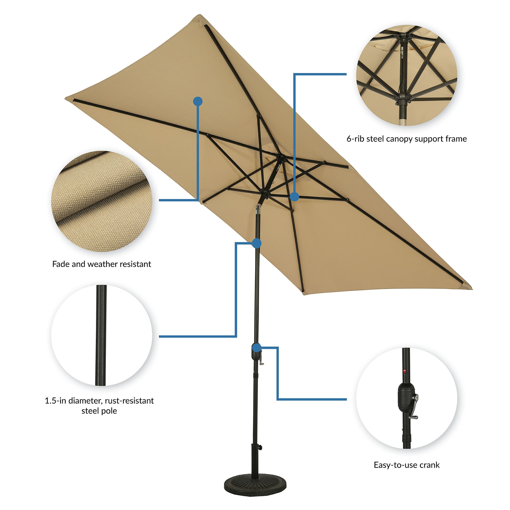 Bimini 6.5' x 10' Beige Polyester Market Umbrella with Steel Pole