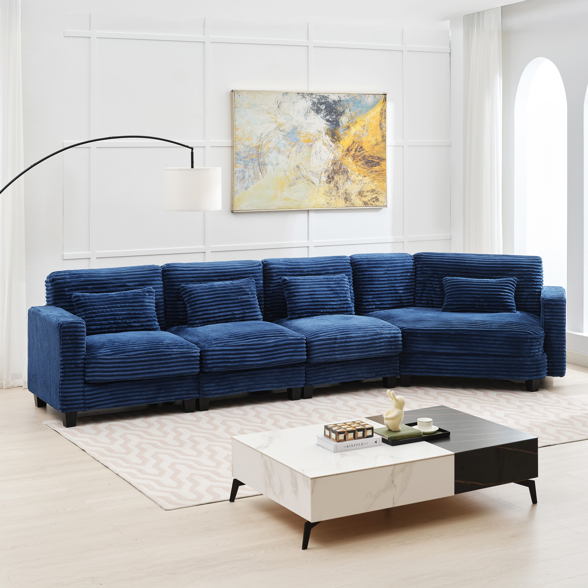 VOUA SAF-LYD2Z-NV Five-Seater Corduroy Sofa Set 123.21-in Modern Blue Synthetic Sectional