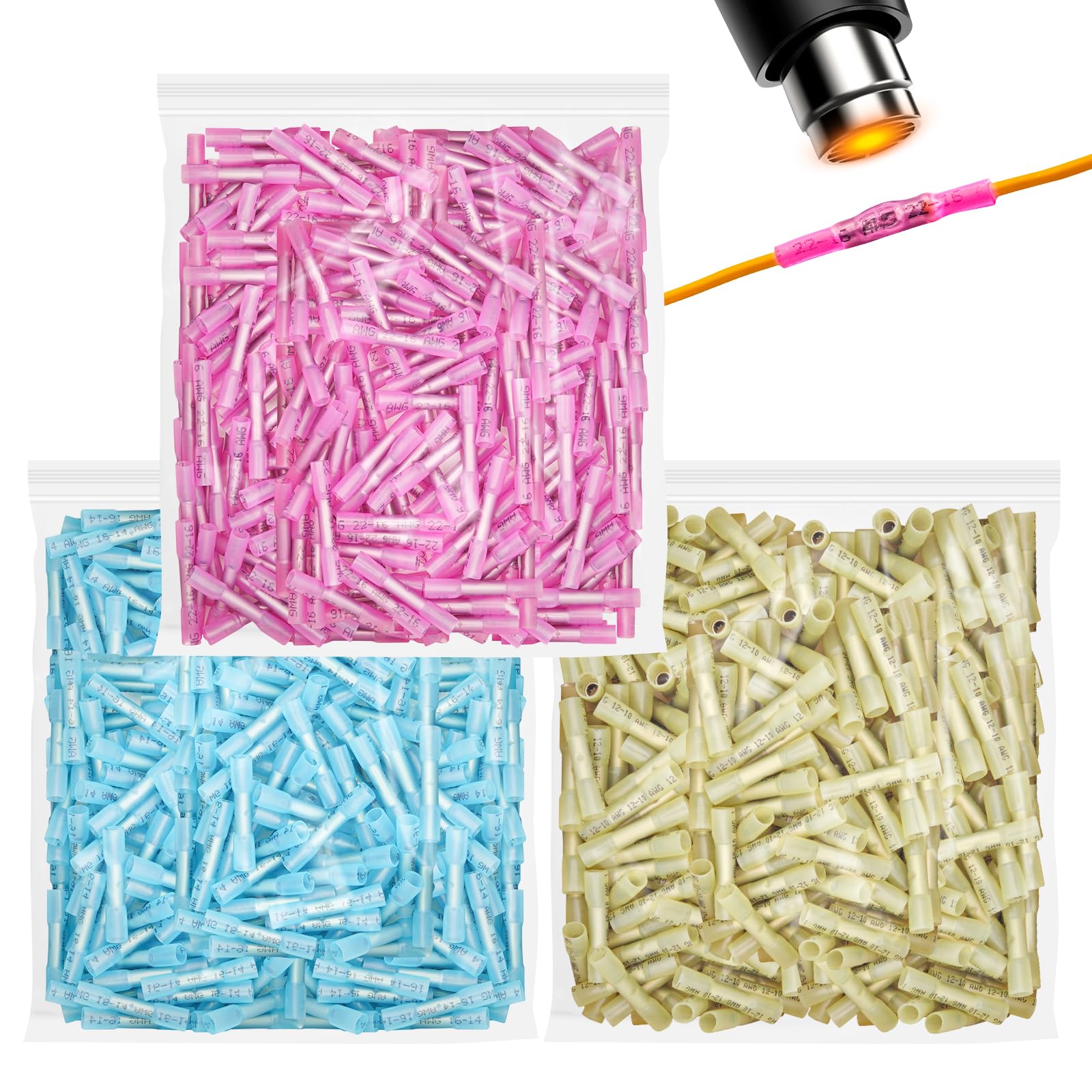 Lukvuzo  Heat Shrink Butt Connectors Kit 900 Pieces Waterproof Insulated Splice Connectors for Automotive Marine and Home Wiring 16 14 AWG 22 16